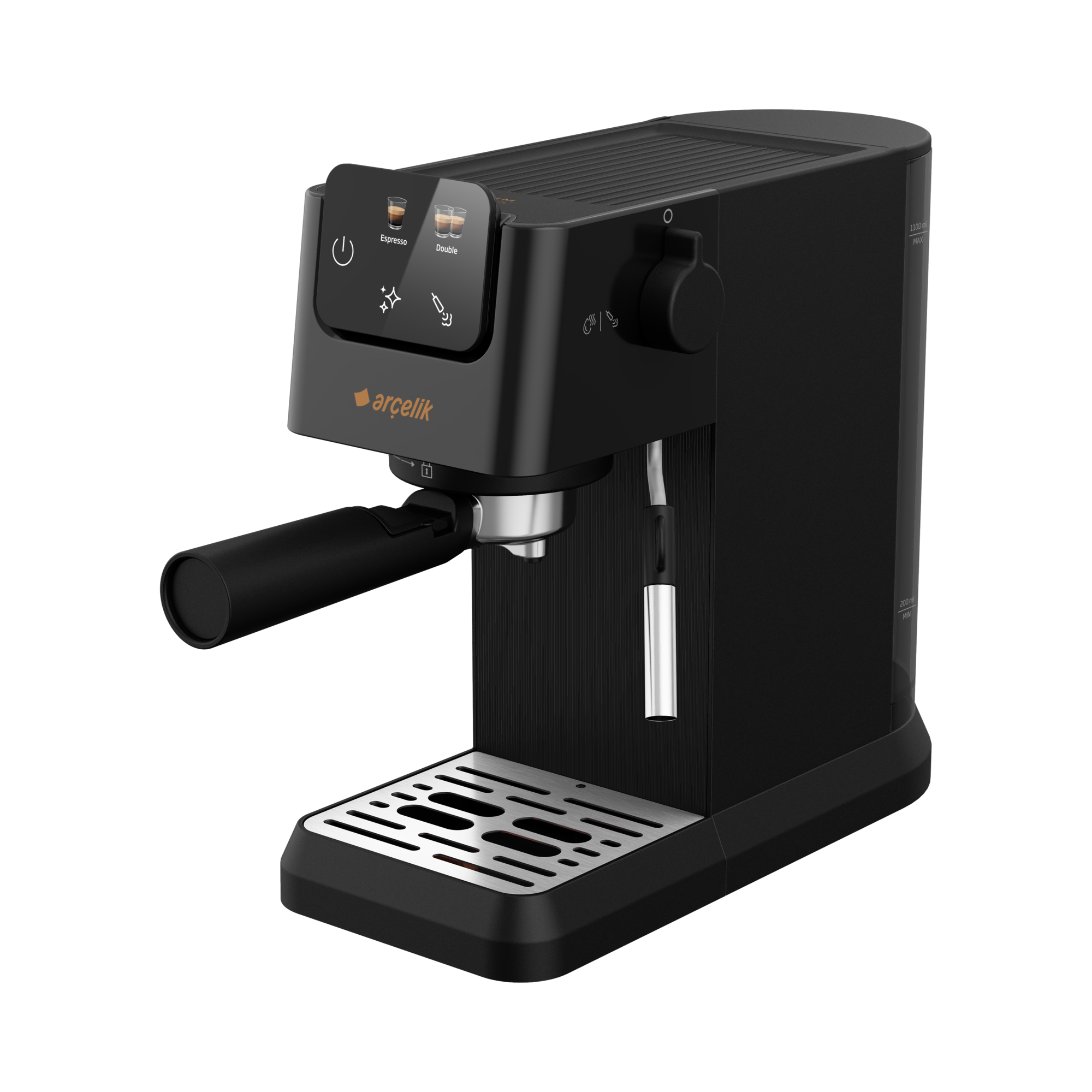Siyah Arçelik espresso makinesi. Düğmeleri, buhar çubuğu ve portafiltresi var. Alt kısımda metal bir damlama tepsisi bulunuyor.