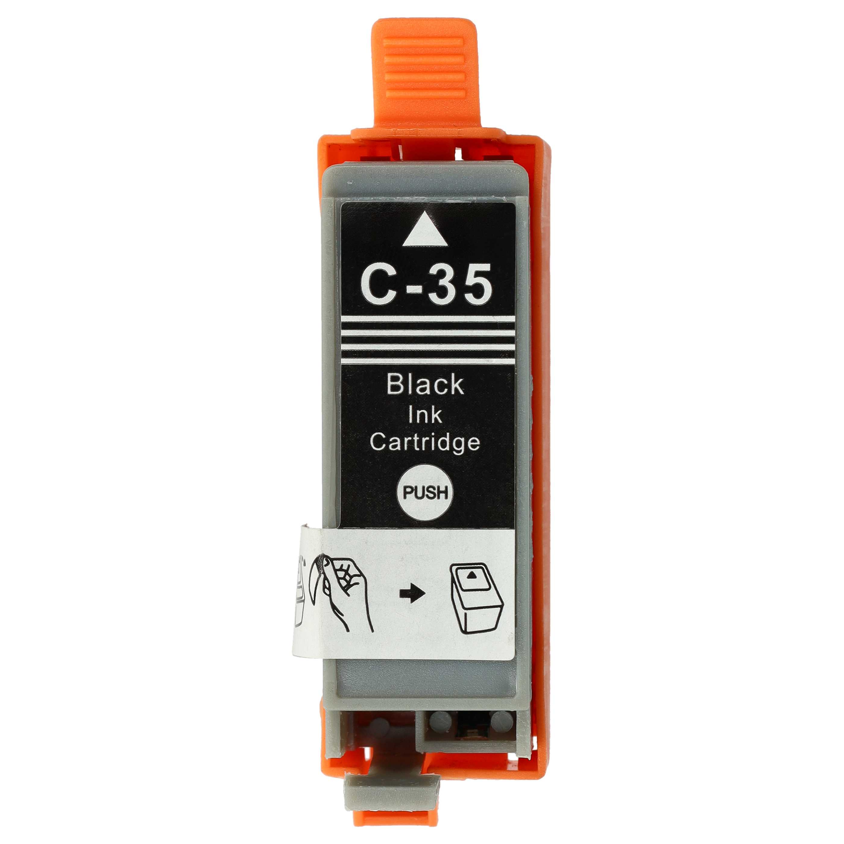 Eine orange und graue Tintenpatrone. Es ist mit 'C-35', 'Black Ink Cartridge' bedruckt, mit einer Push-Anweisung.