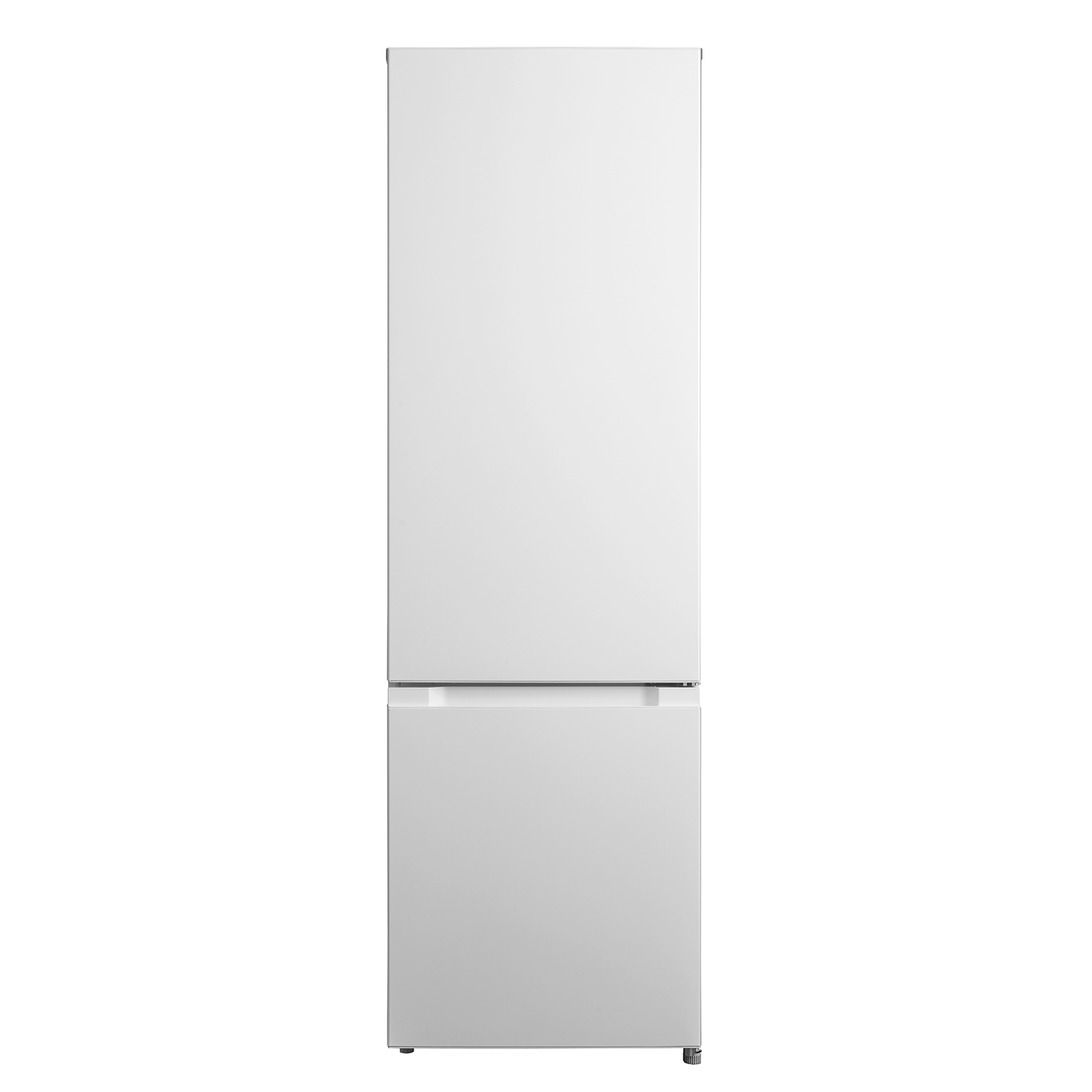 Un frigorifero bianco a due porte, con una sezione superiore e inferiore. Su sfondo bianco.