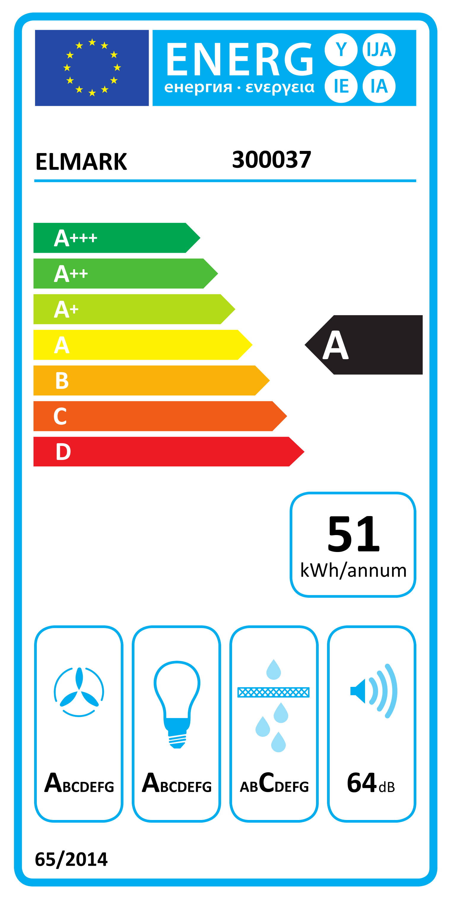 Un'etichetta di efficienza energetica con classificazione A. Mostra i livelli di efficienza, un'icona di lampadina e un livello sonoro di 64 dB.