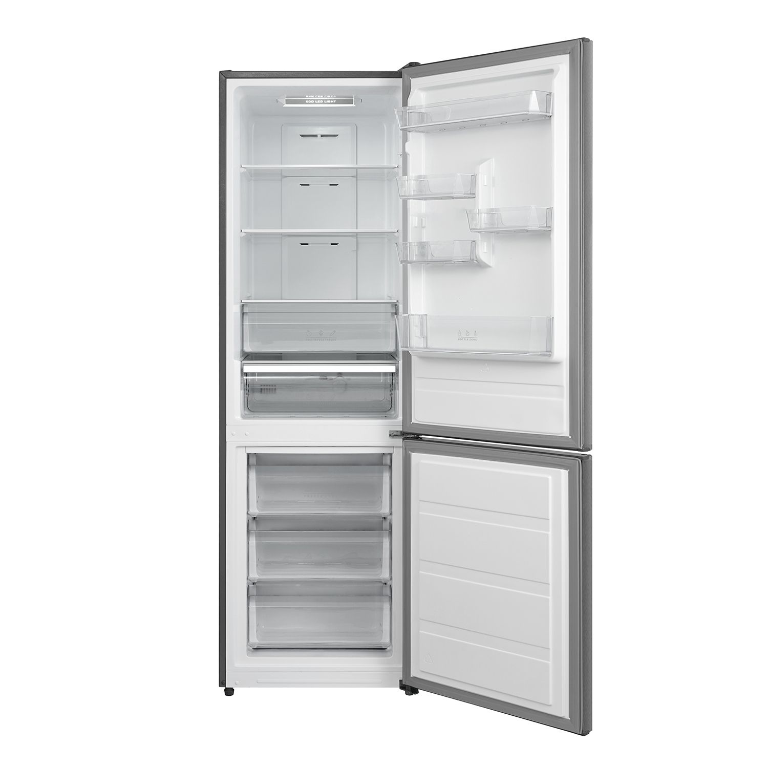 Un frigorifero con ante aperte, che mostra ripiani, cassetti e scomparti. L'interno è bianco, con cornice grigia e sfondo bianco.