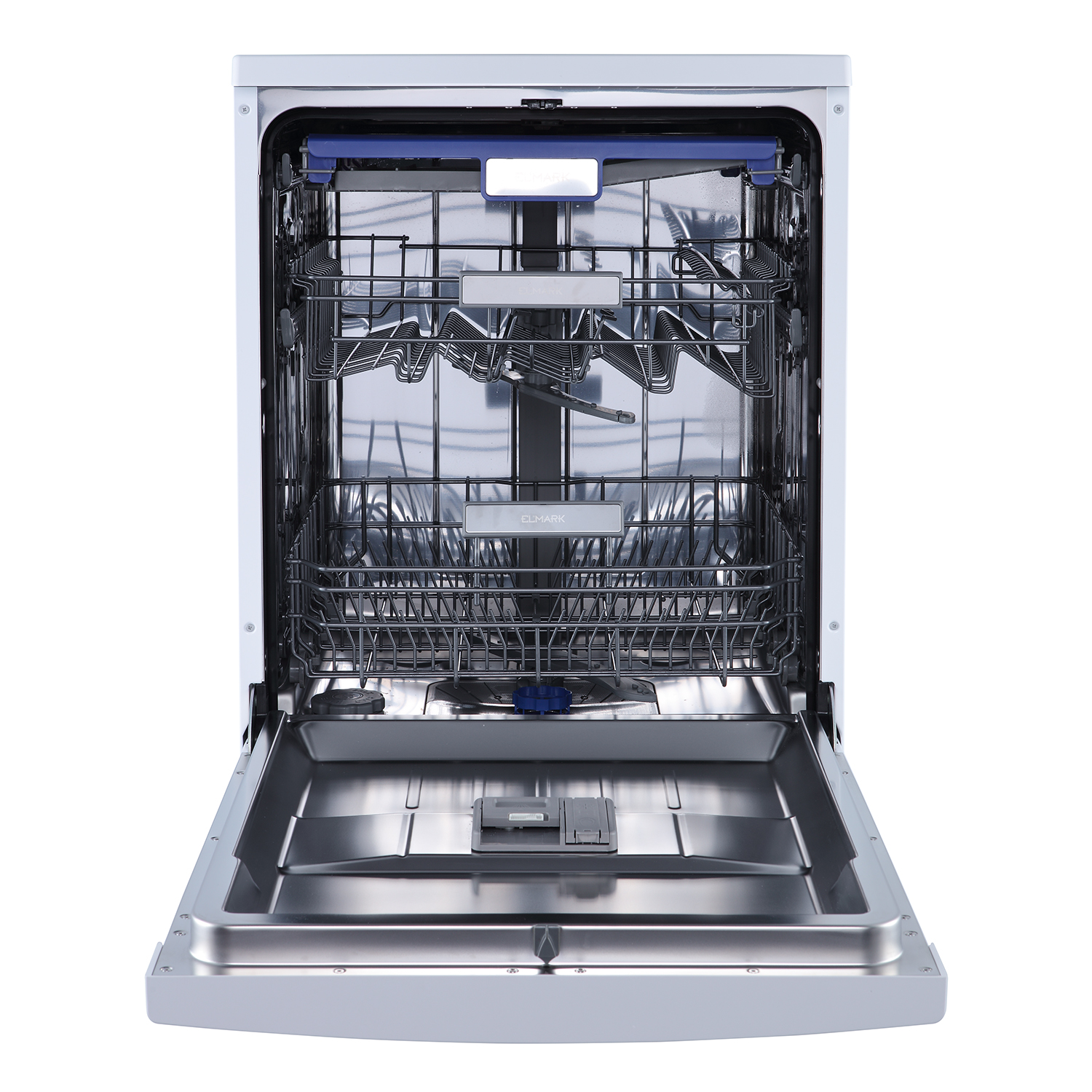 Lavastoviglie aperta con cestelli e porta giù. Interno in acciaio inox ed esterno bianco. Accenti blu. Pronto per il carico.