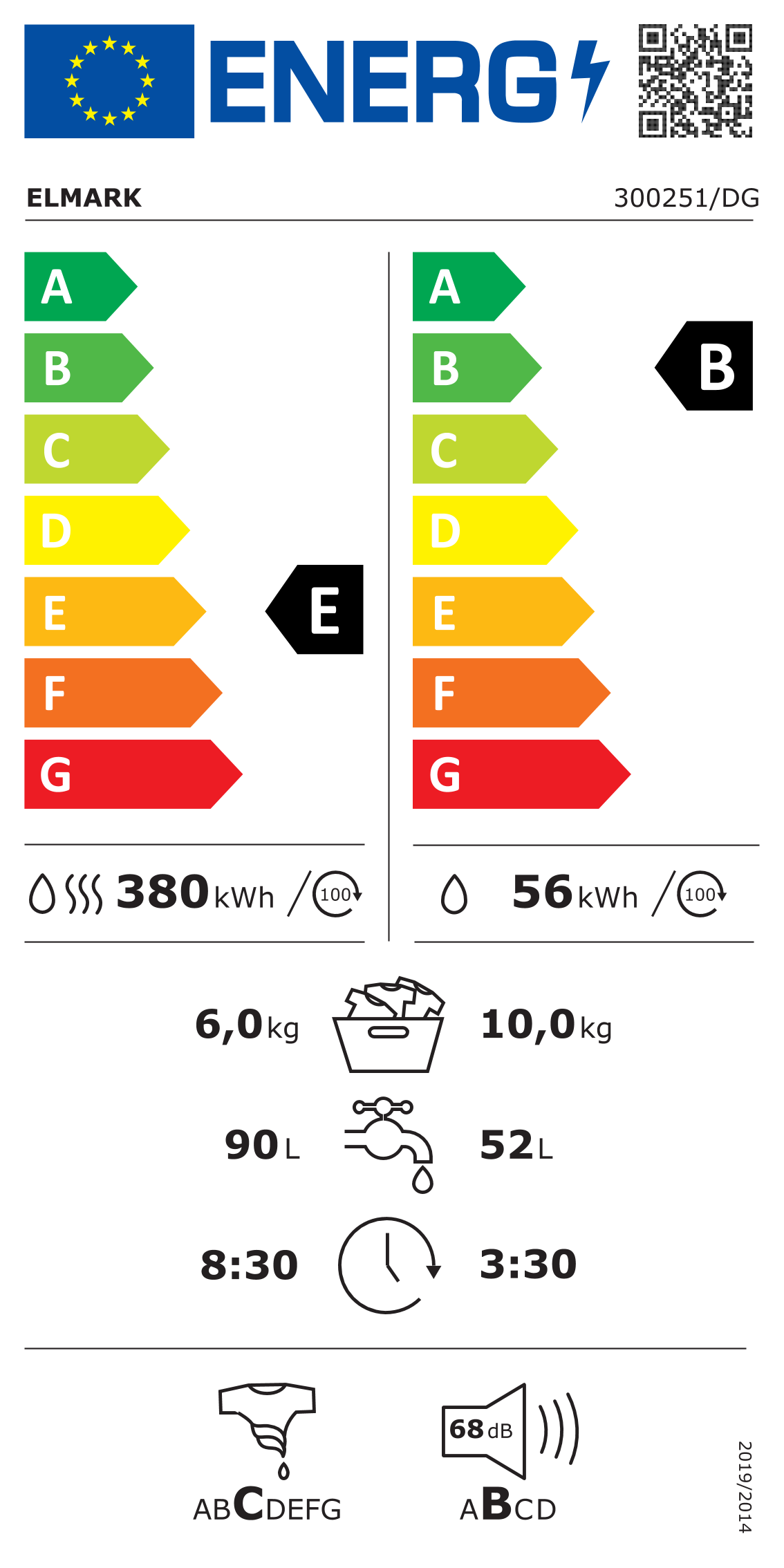 Un'etichetta energetica mostra l'efficienza energetica, con valutazioni da A a G. I dati includono il consumo energetico, la capacità, l'uso di acqua e il livello di rumore.