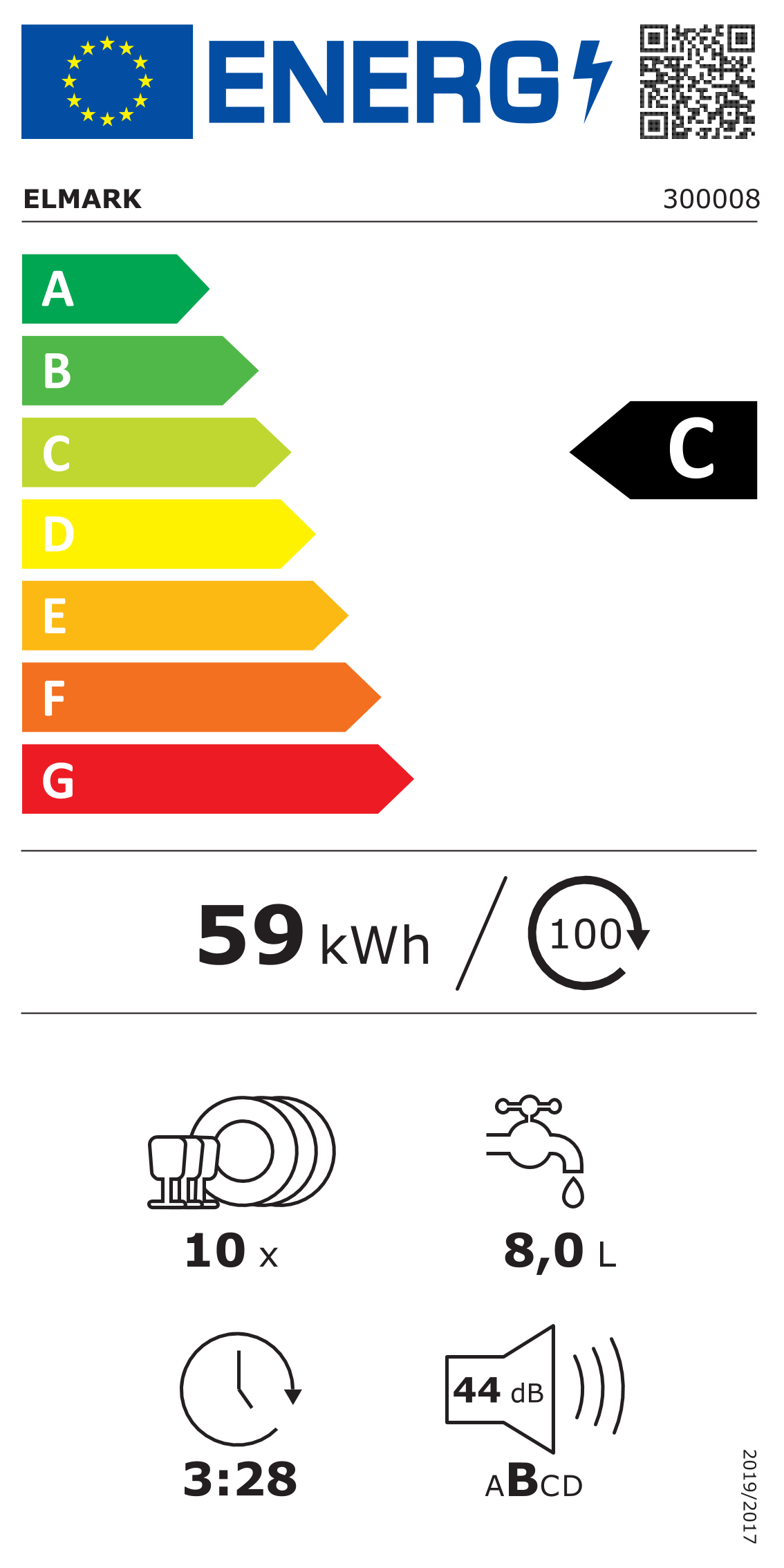 Etichetta energetica. Mostra efficienza energetica, consumo, uso acqua, livello rumore e durata programma per lavastoviglie.
