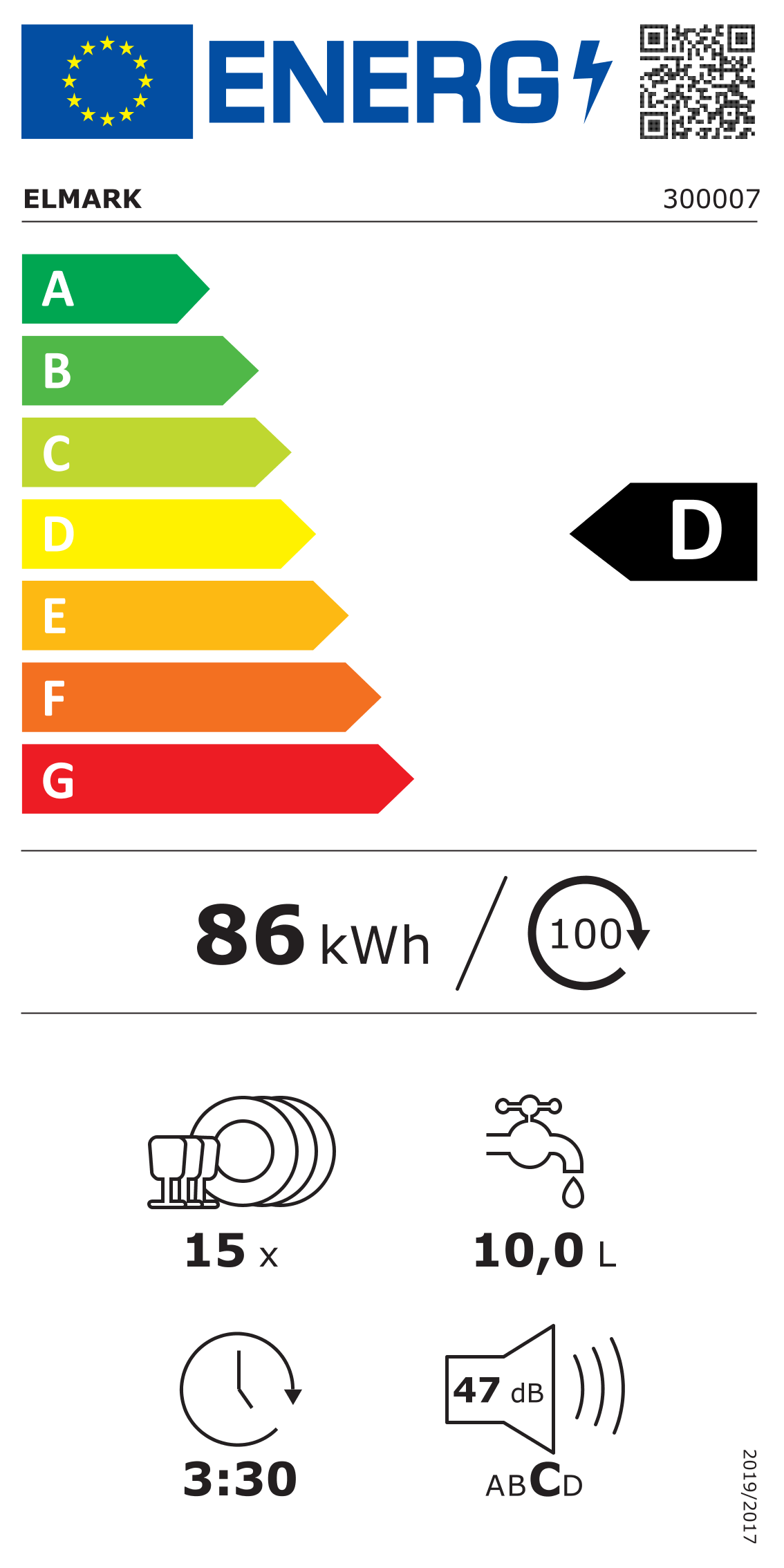 Etichetta energetica per elettrodomestici. Mostra classe efficienza, consumo energetico, utilizzo acqua, durata programma e livello rumore.