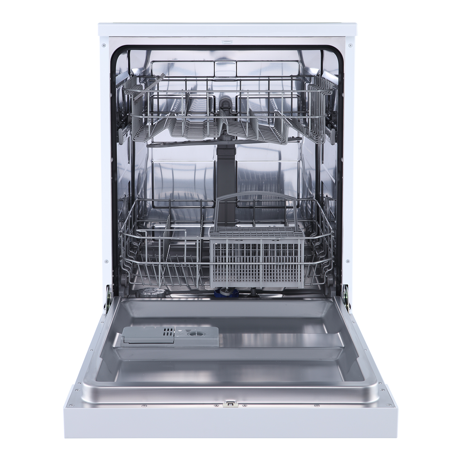 Lavastoviglie bianca aperta con ripiani vuoti. Interno argentato e porta aperta. Un dispenser di sapone grigio è davanti.