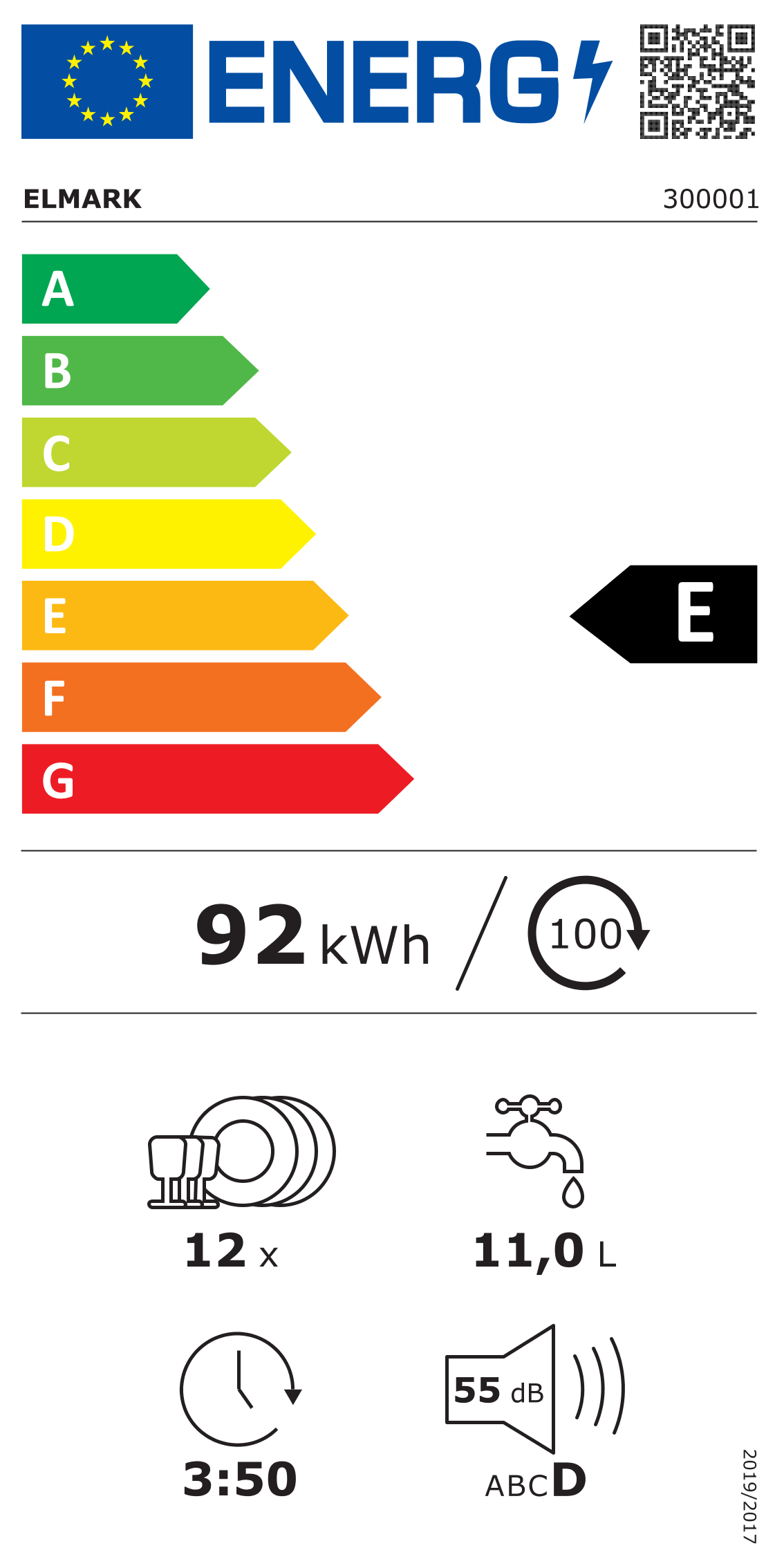 L'etichetta energetica mostra efficienza E, consumo 92 kWh, 12 coperti, 11,0L acqua, ciclo 3:50 e livello rumore 55dB.