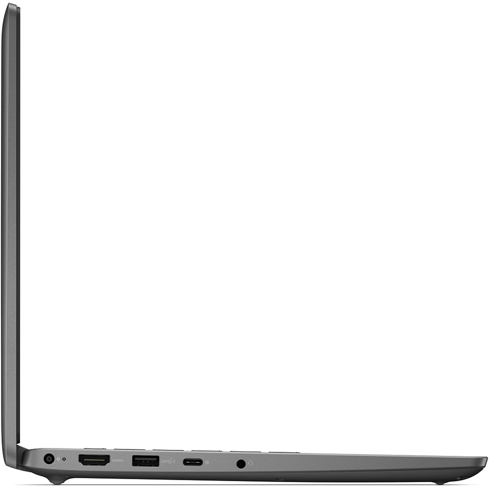 Gri bir dizüstü bilgisayarın yandan görünümü, hafifçe açık. Görülebilir portlar: HDMI, USB-C ve ses. Dizüstü bilgisayar beyaz bir zeminde.