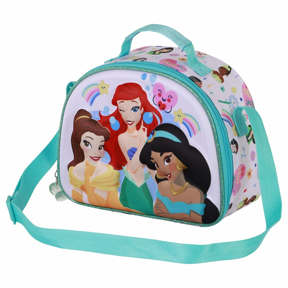 Eine Lunch-Tasche mit den Disney-Prinzessinnen Arielle, Belle und Jasmin. Die Tasche ist weiß mit türkisfarbenen Akzenten und einem türkisfarbenen Riemen.