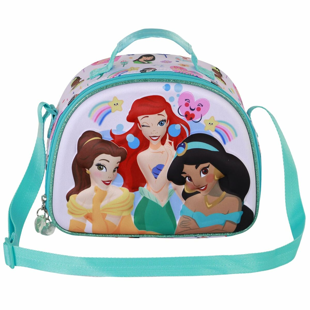 Lunchbox mit Disney-Prinzessinnen Belle, Arielle und Jasmin. Mit türkisem Griff, Riemen und Glitzerakzenten. Regenbögen und Herzen.