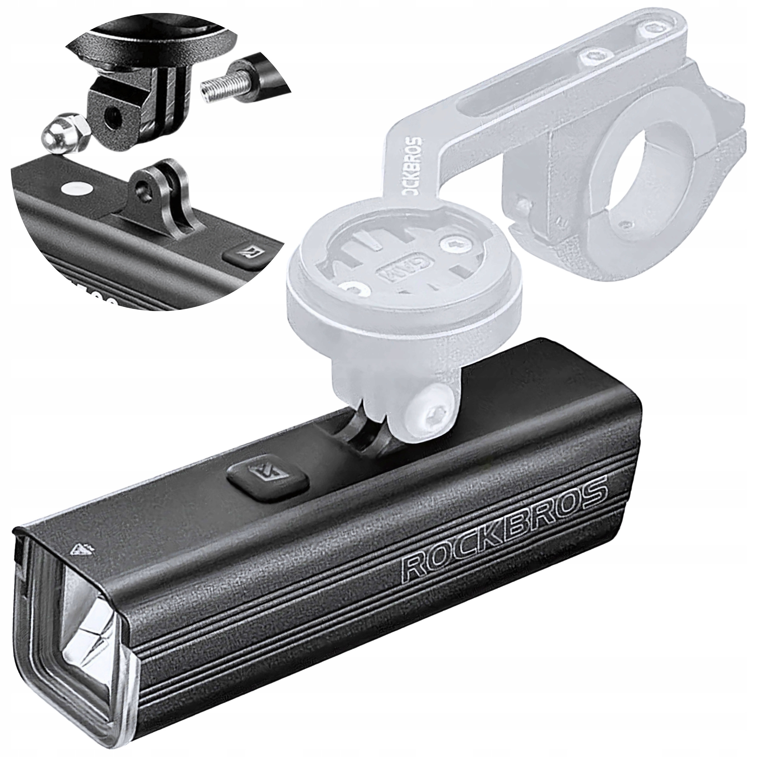 Czarna lampa rowerowa z akcesoriami montażowymi. Zawiera światło, uchwyty i śruby. Lampa ma logo RockBros.