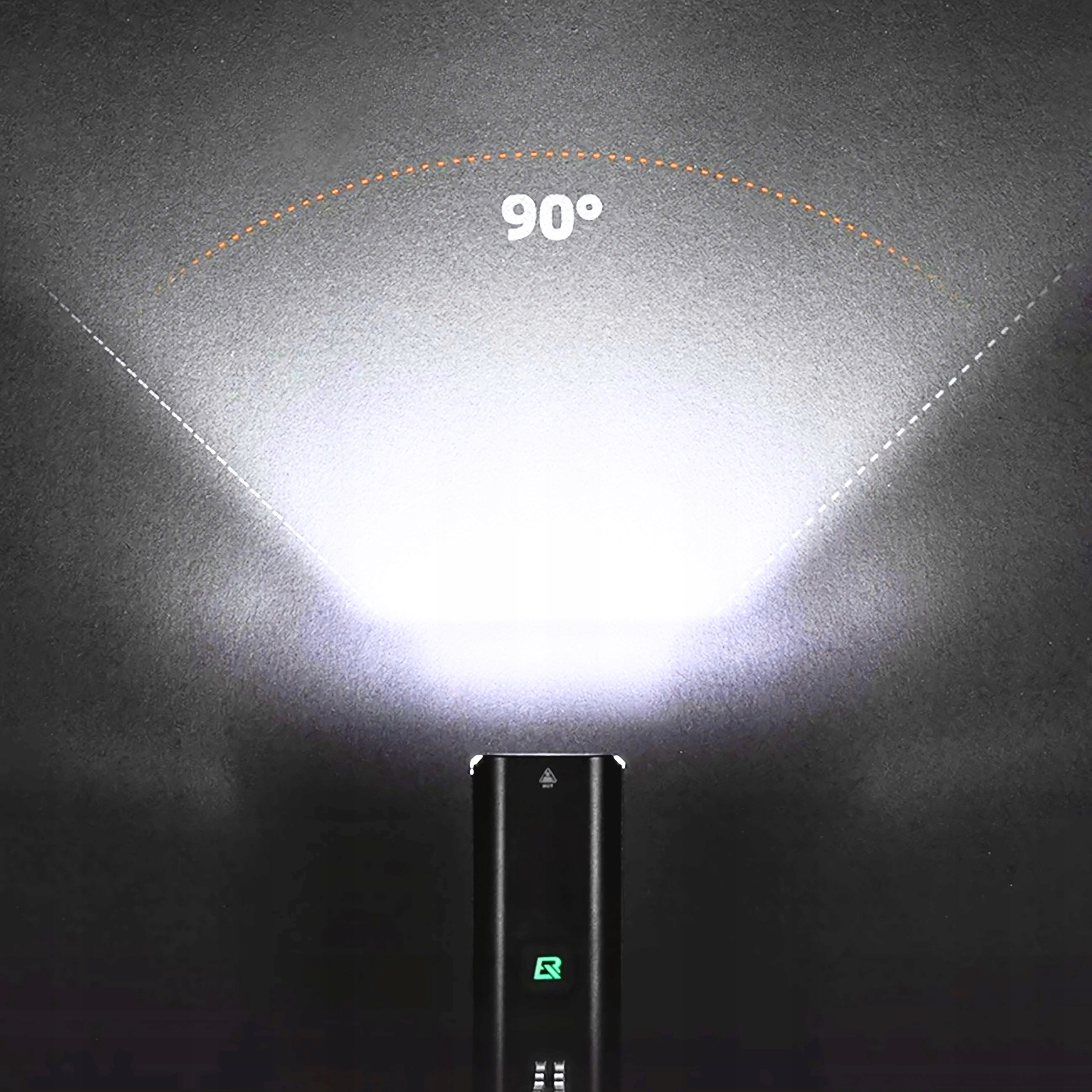 Czarna latarka oświetla szare tło. Kąt 90 stopni zaznaczony jest nad światłem.