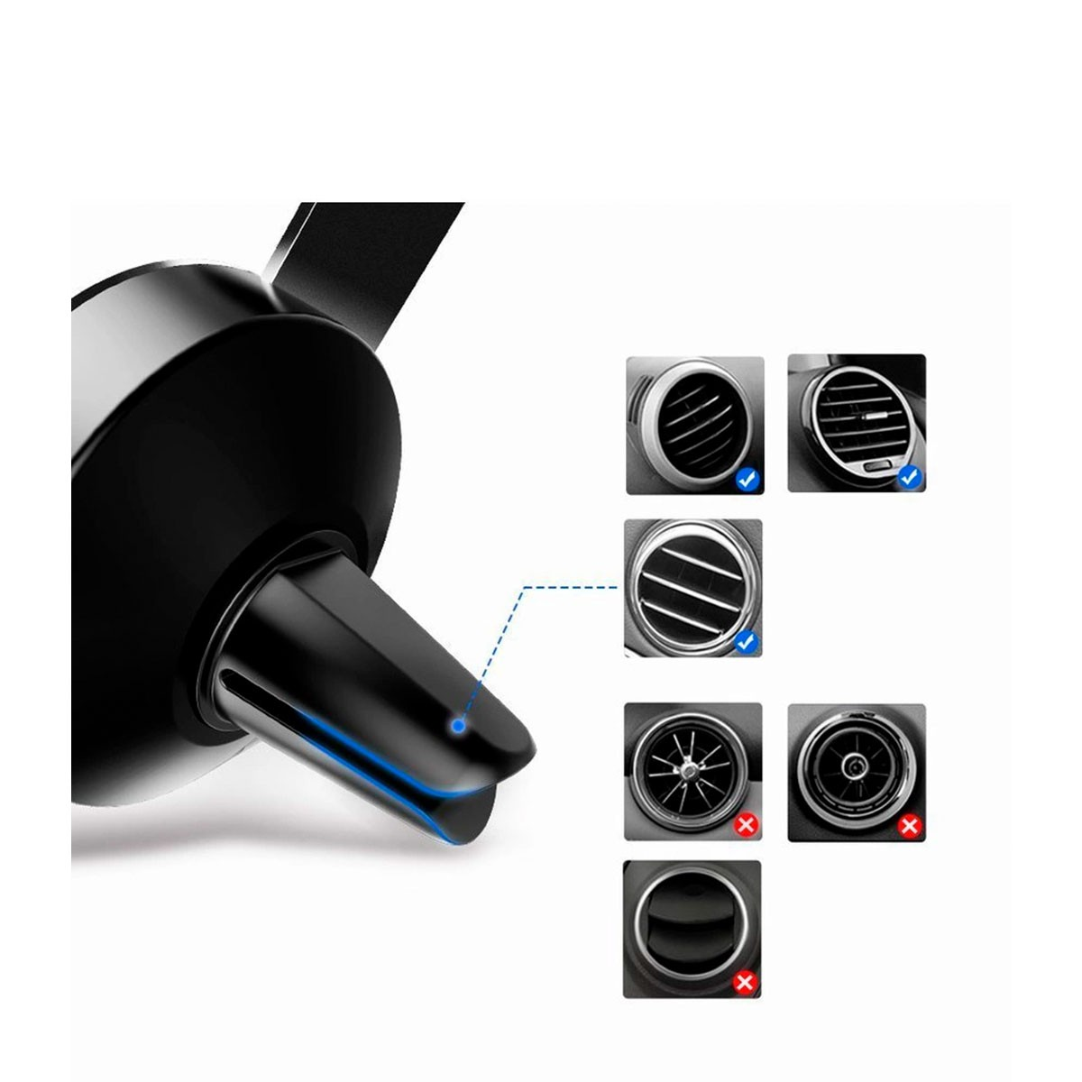 Czarny klips do wentylacji samochodu z różnymi stylami wentylacyjnymi. Niektóre mają znaki wyboru, inne znaki X, wskazujące kompatybilność.