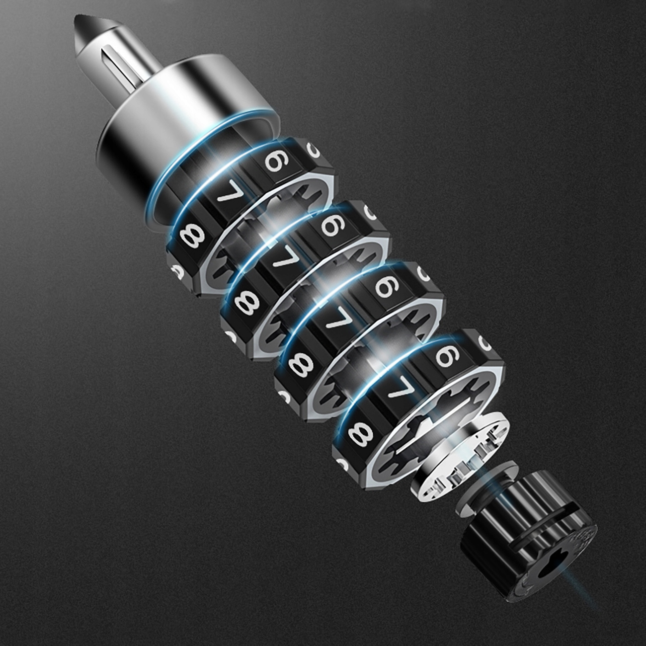 Metalowe, częściowo zdemontowane urządzenie z ponumerowanymi tarczami i czarnym tłem. Na tarczach widoczne są numery 6, 7 i 8.