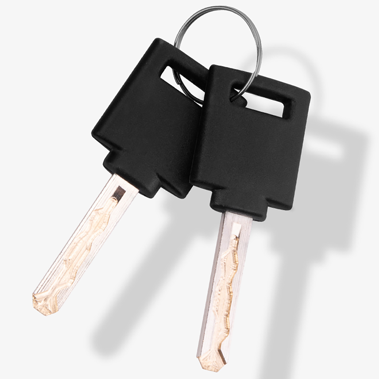 Dwa czarne klucze na srebrnym kółku. Klucze mają srebrne ostrza i są na białym tle z cieniem.