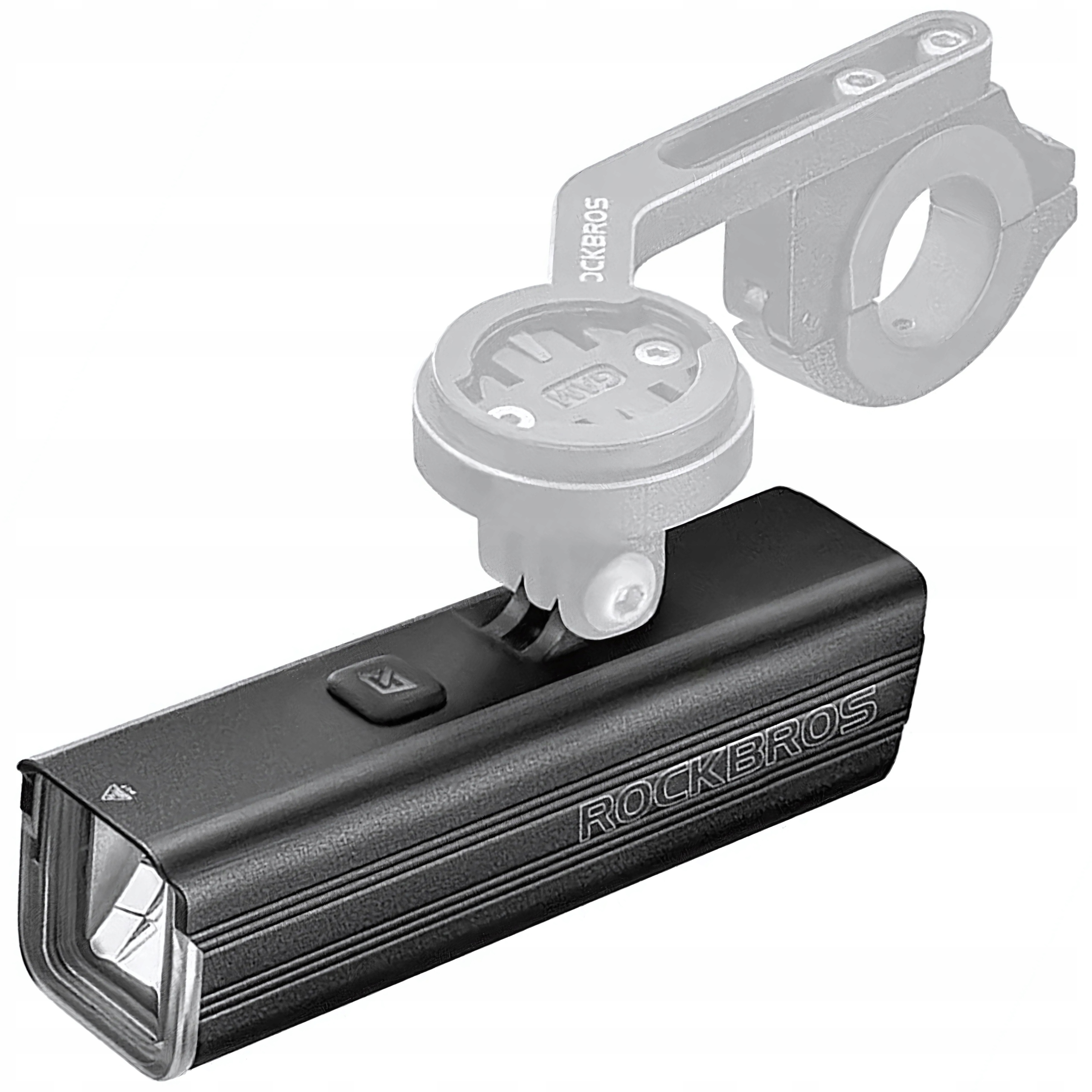 Czarna lampka rowerowa z uchwytem. Światło jest oznaczone ROCKBROS. Okrągły uchwyt jest połączony z uchwytem.