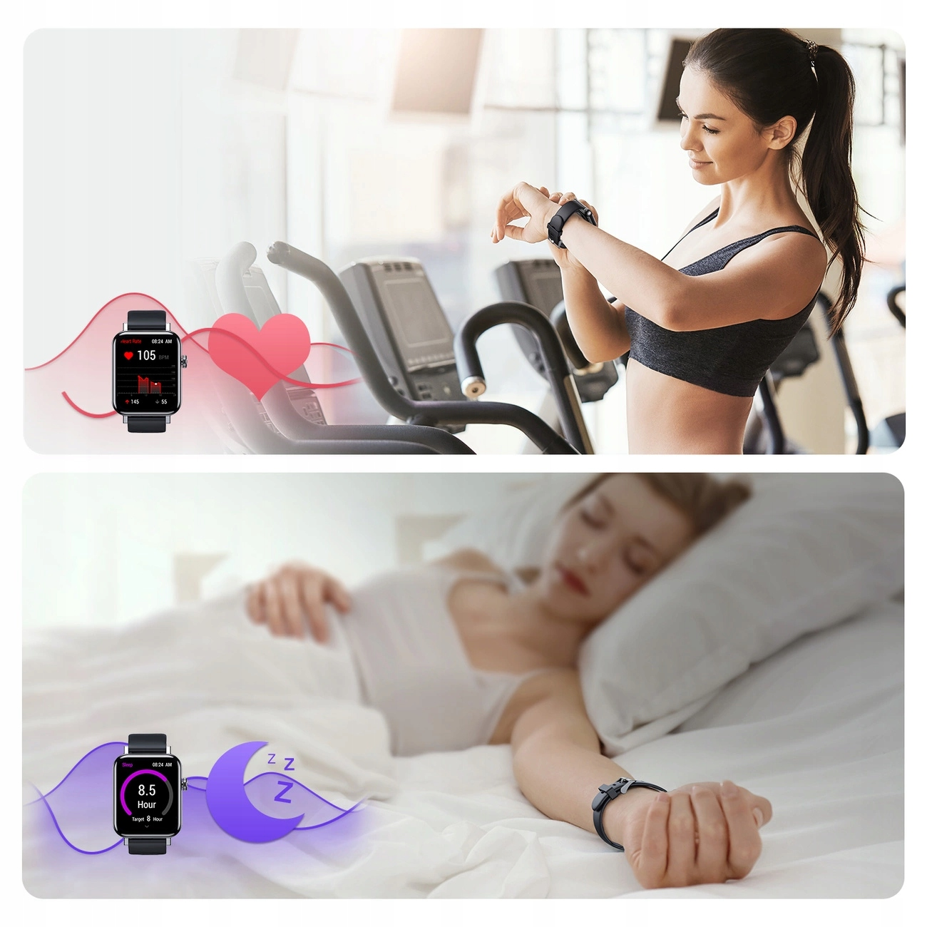 Kobieta sprawdza swój smartwatch podczas ćwiczeń i snu. Zegarek wyświetla tętno i dane dotyczące snu. Oba obrazy są połączone.