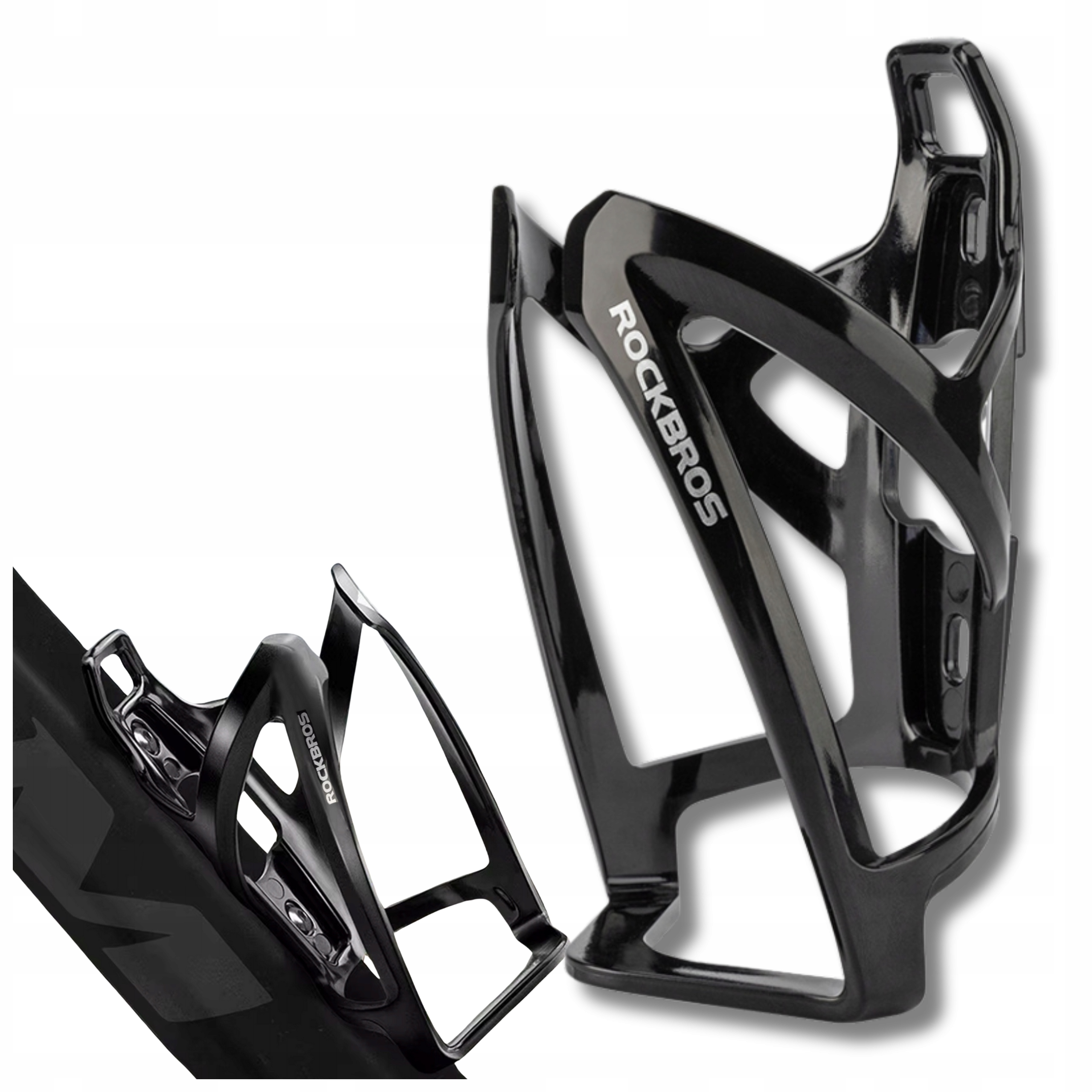 Czarny koszyk na bidon Rockbros z napisem Rockbros. Jeden zamontowany na ramie roweru, drugi wolny.