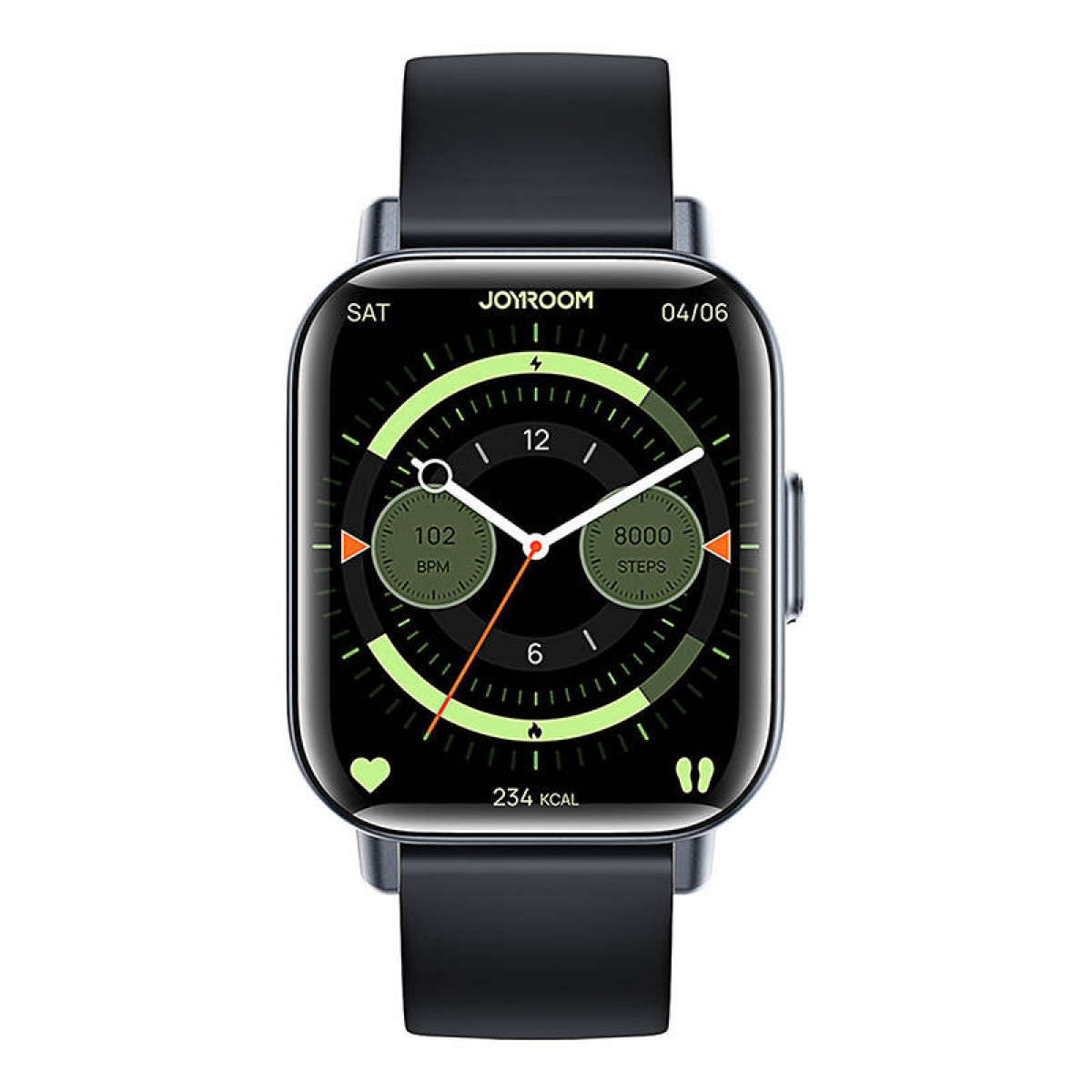 Smartwatch Joyroom z czarnym paskiem wyświetla czas, tętno (102 BPM), kroki (8000) i 234 kcal. Zegarek jest czarny.