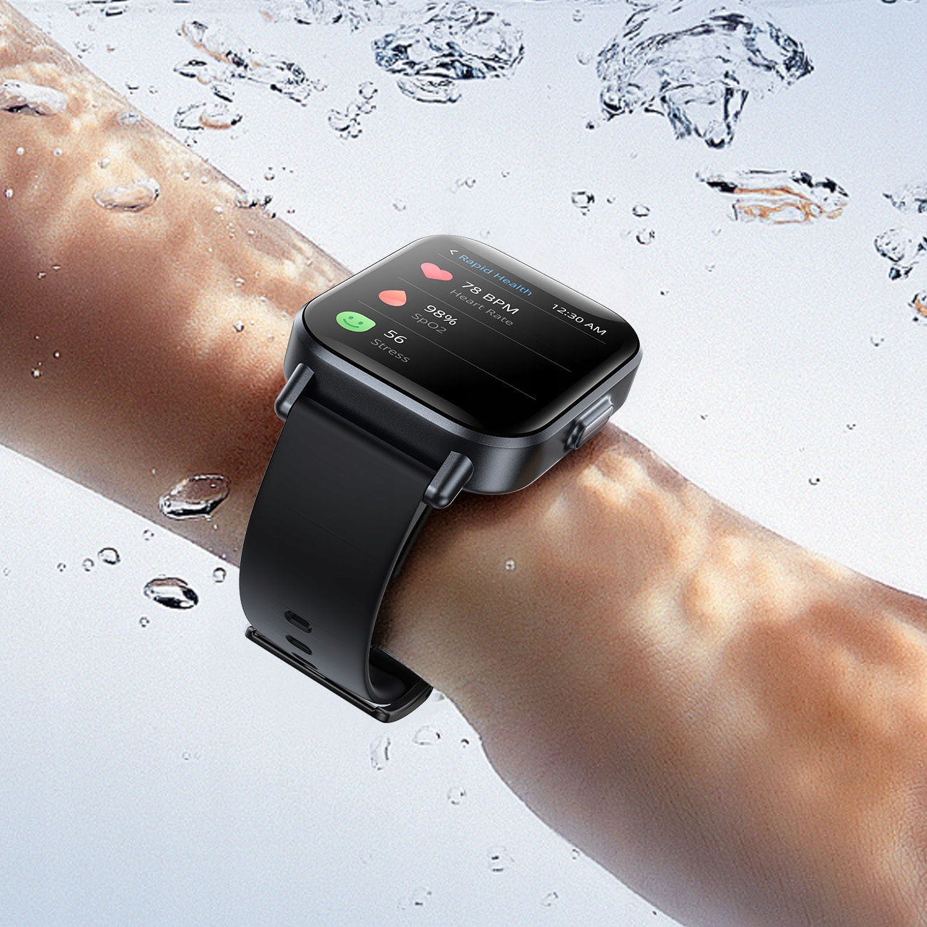 Nadręcze z czarnym smartwatchem wyświetlającym dane zdrowotne. Bąbelki unoszą się w tle, sugerując zanurzenie w wodzie.