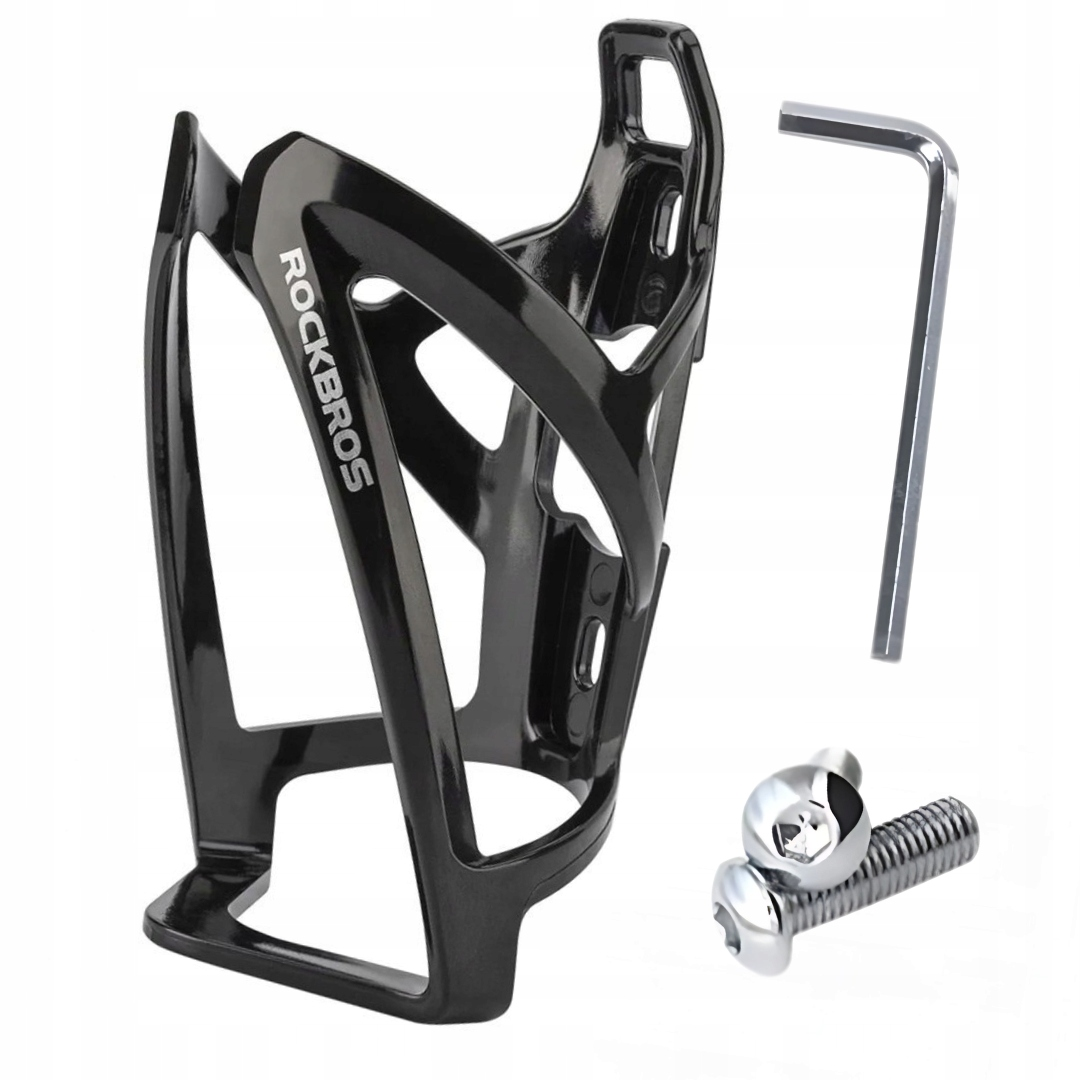 Czarny koszyk na bidon Rockbros, klucz imbusowy i zestaw śrub na białym tle.