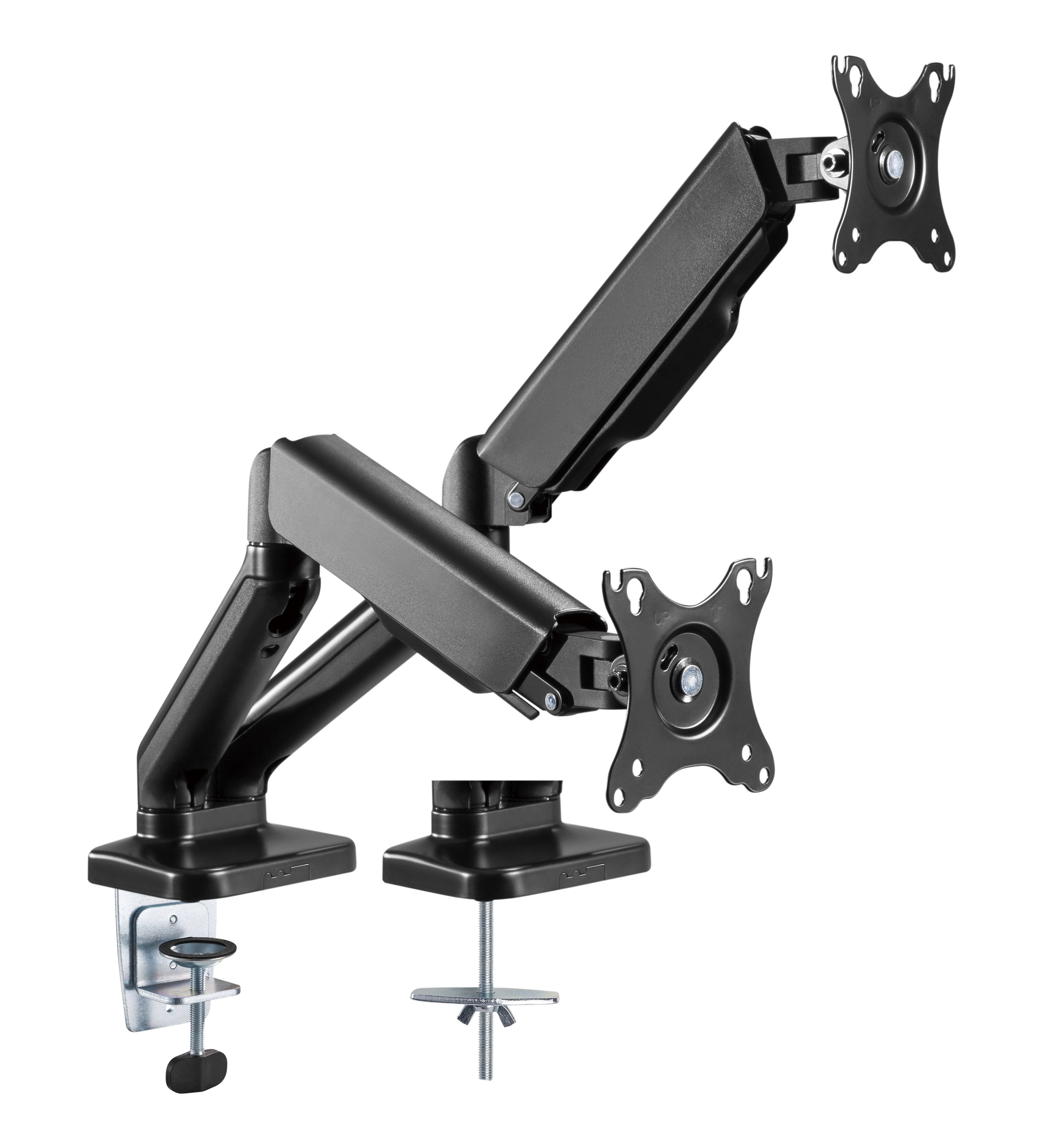 A black dual monitor arm. It includes a clamp, a base, and two VESA mounts. All on a white background.