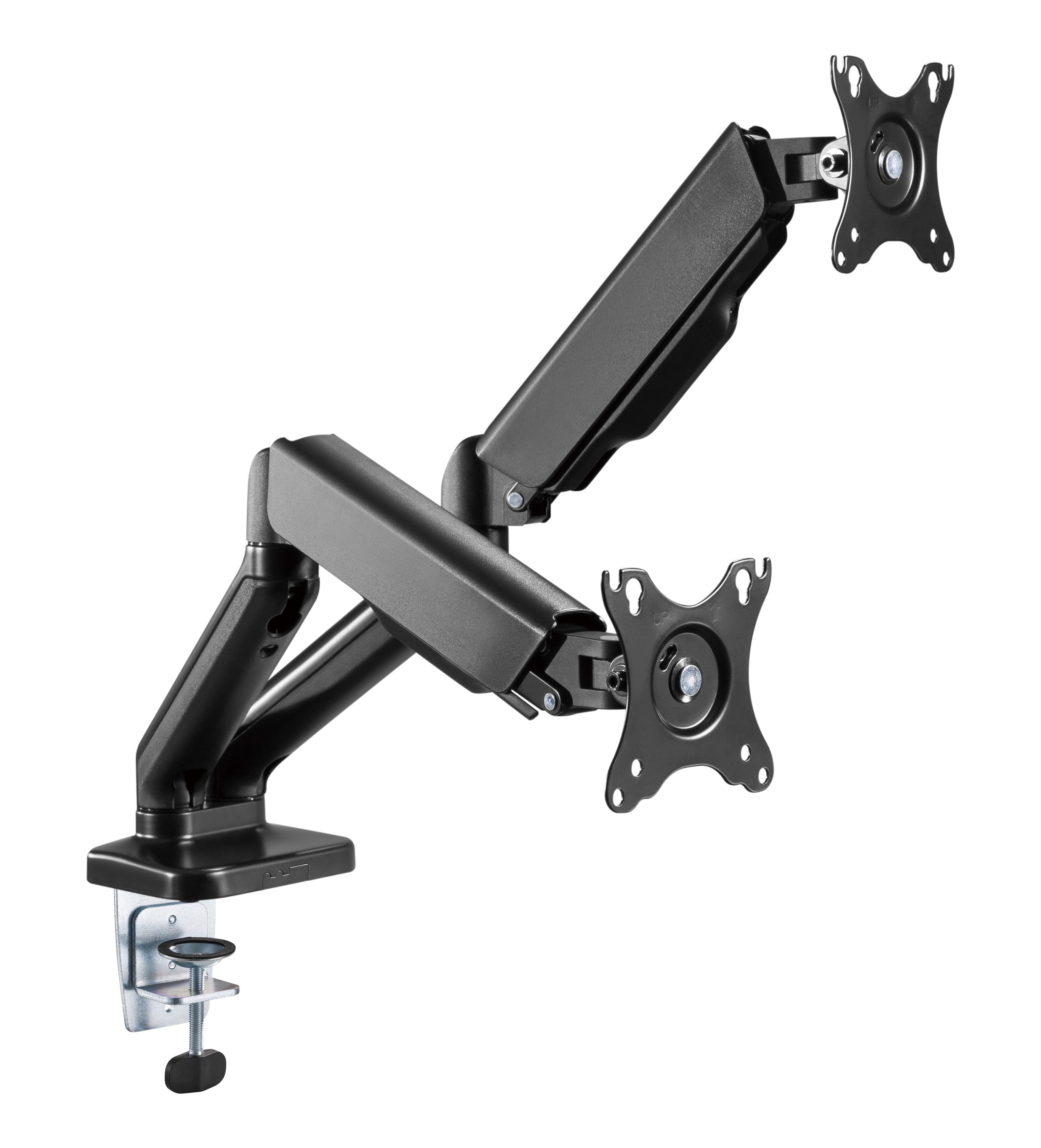 Black dual monitor arm on a white background. It has a clamp, adjustable arms, and monitor mounts.