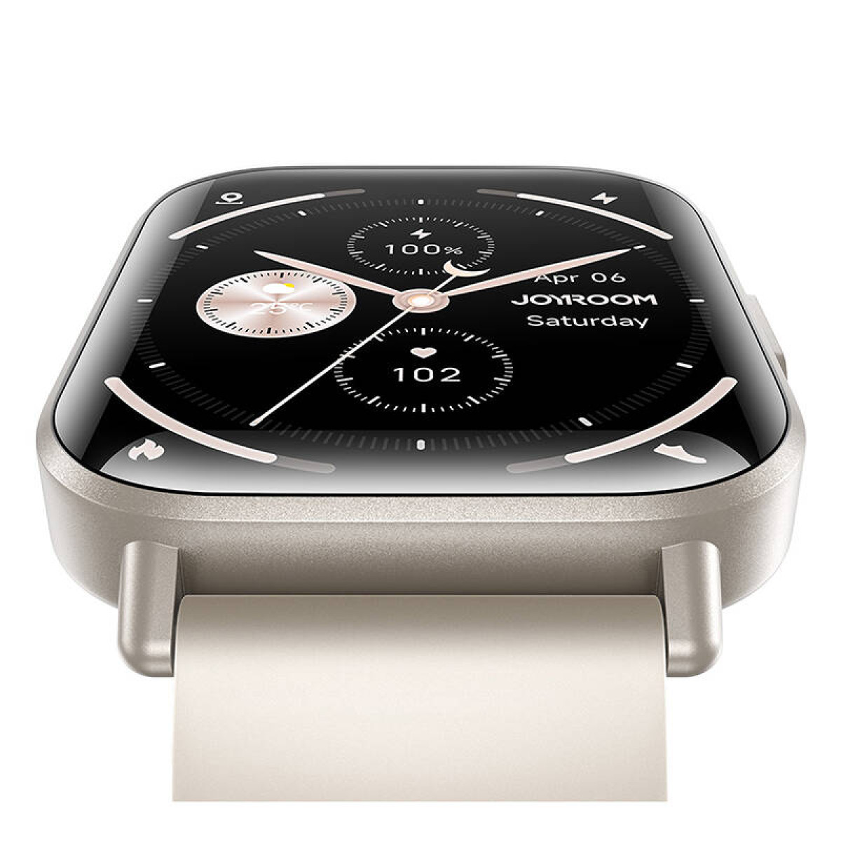 Smartwatch z czarnym ekranem pokazującym godzinę, datę i statystyki zdrowia. Ma jasny pasek i metalową ramkę.