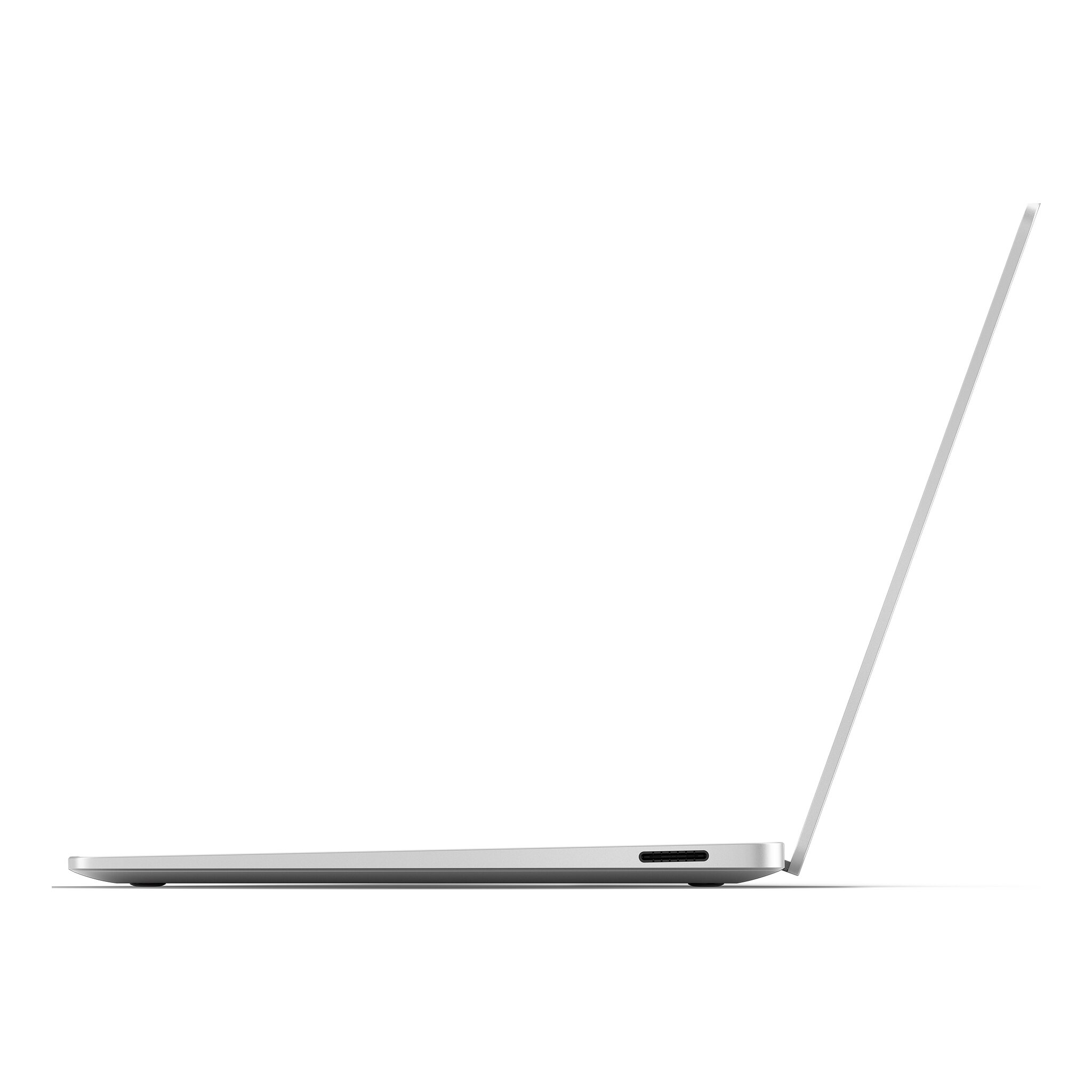 Vista laterale di un laptop argentato con schermo aperto. Lo sfondo è bianco.