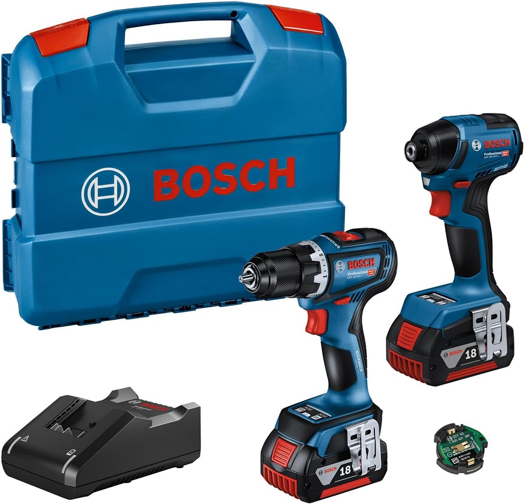Mavi bir Bosch elektrikli el aleti seti. Bir çanta, iki matkap, bir şarj cihazı ve bir devre kartı içerir. Matkapların kırmızı ve siyah detayları vardır.