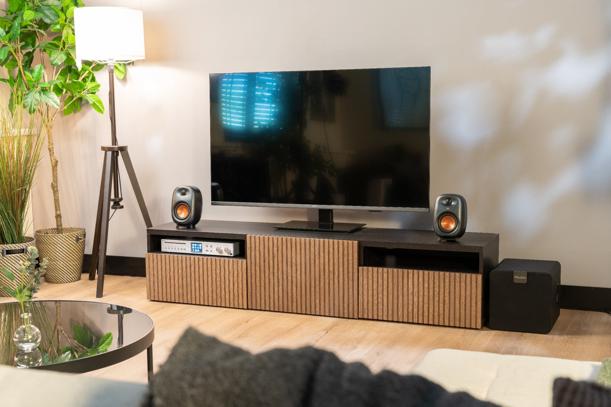 Wohnzimmer mit Fernseher, Lautsprechern und Subwoofer. Eine Lampe und Pflanzen sorgen für eine gemütliche Atmosphäre.