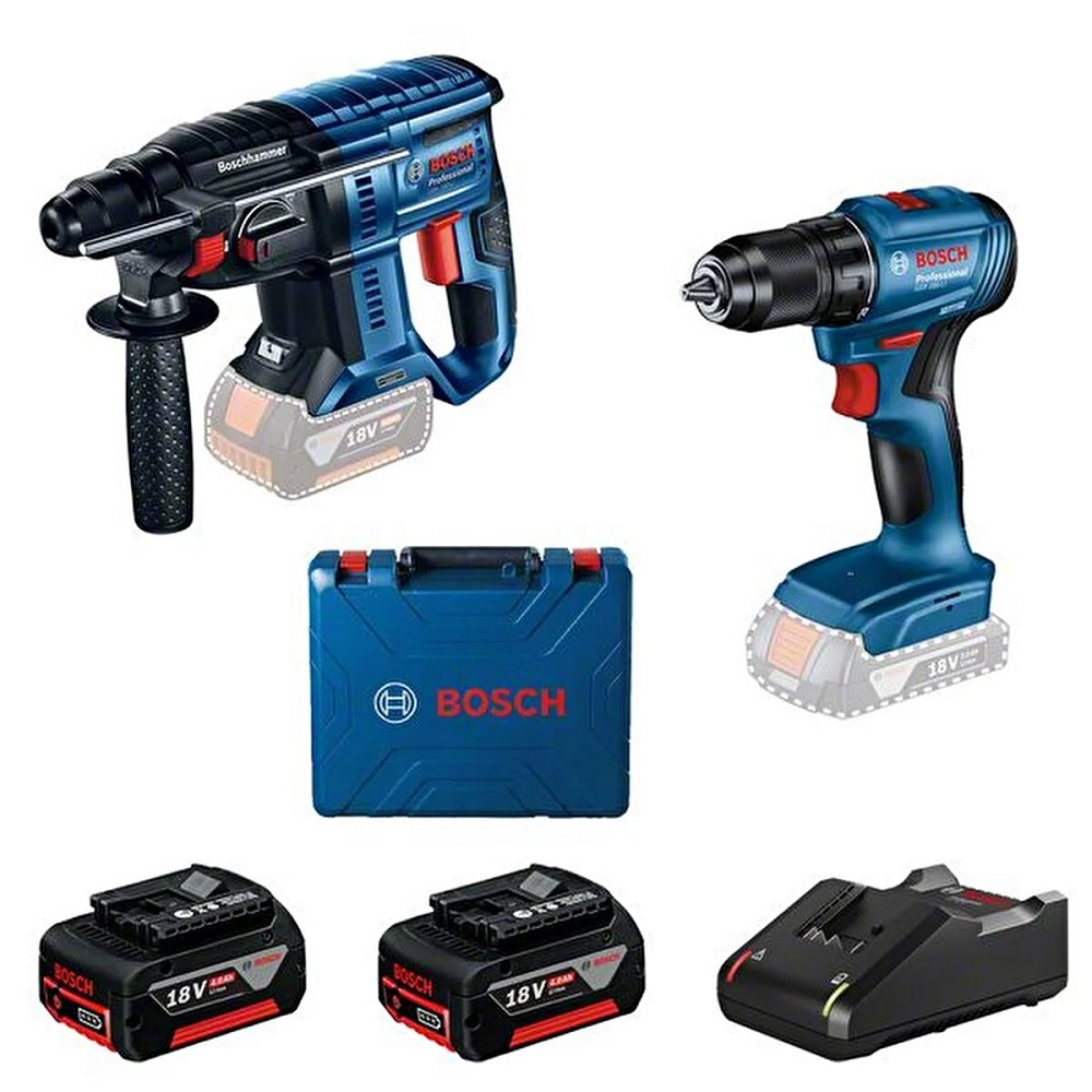 Görüntüde Bosch elektrikli el aletleri yer alıyor: matkap, darbeli matkap, piller, şarj cihazı ve çanta. Aletler mavi ve siyahtır. Piller siyahtır.