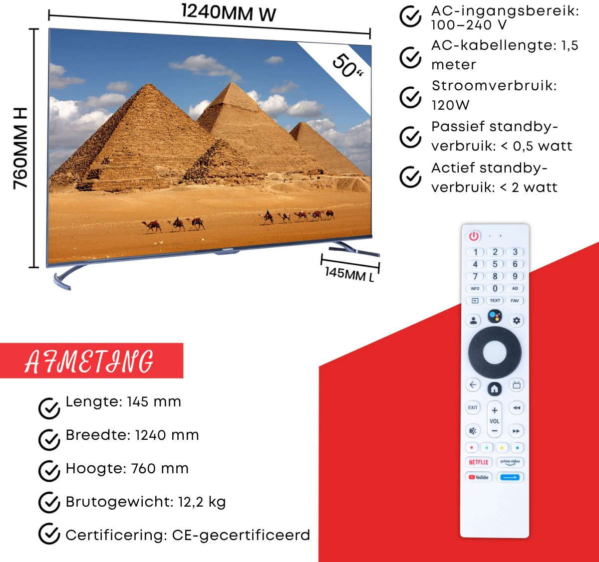 Ekran TV z piramidami i wielbłądami. Szczegóły obejmują wymiary, zużycie energii i pilota.