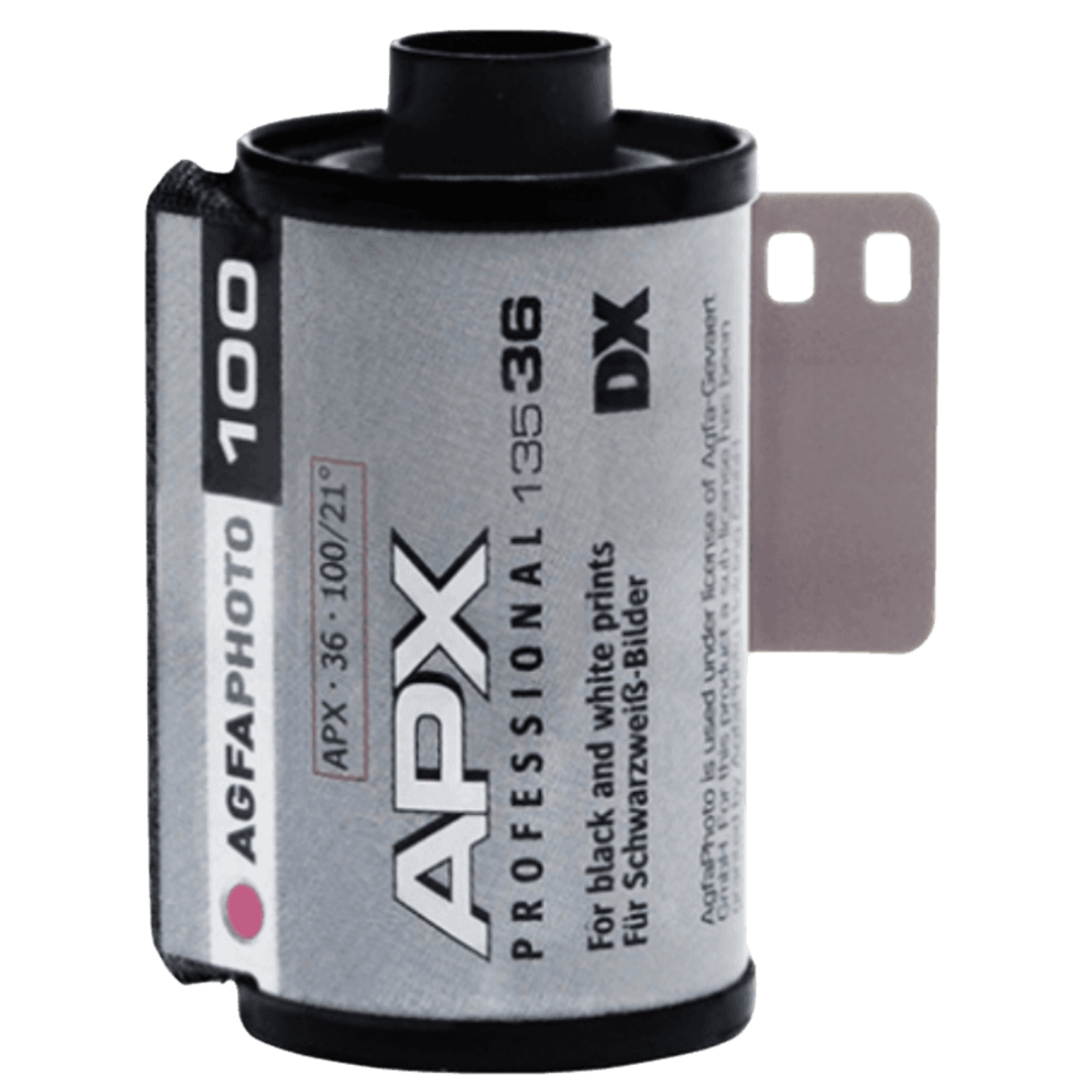 Rolka filmu z napisami 'APX', '100', '36', 'DX'. Ma czarną nasadkę i szary pojemnik, czarno-biały.
