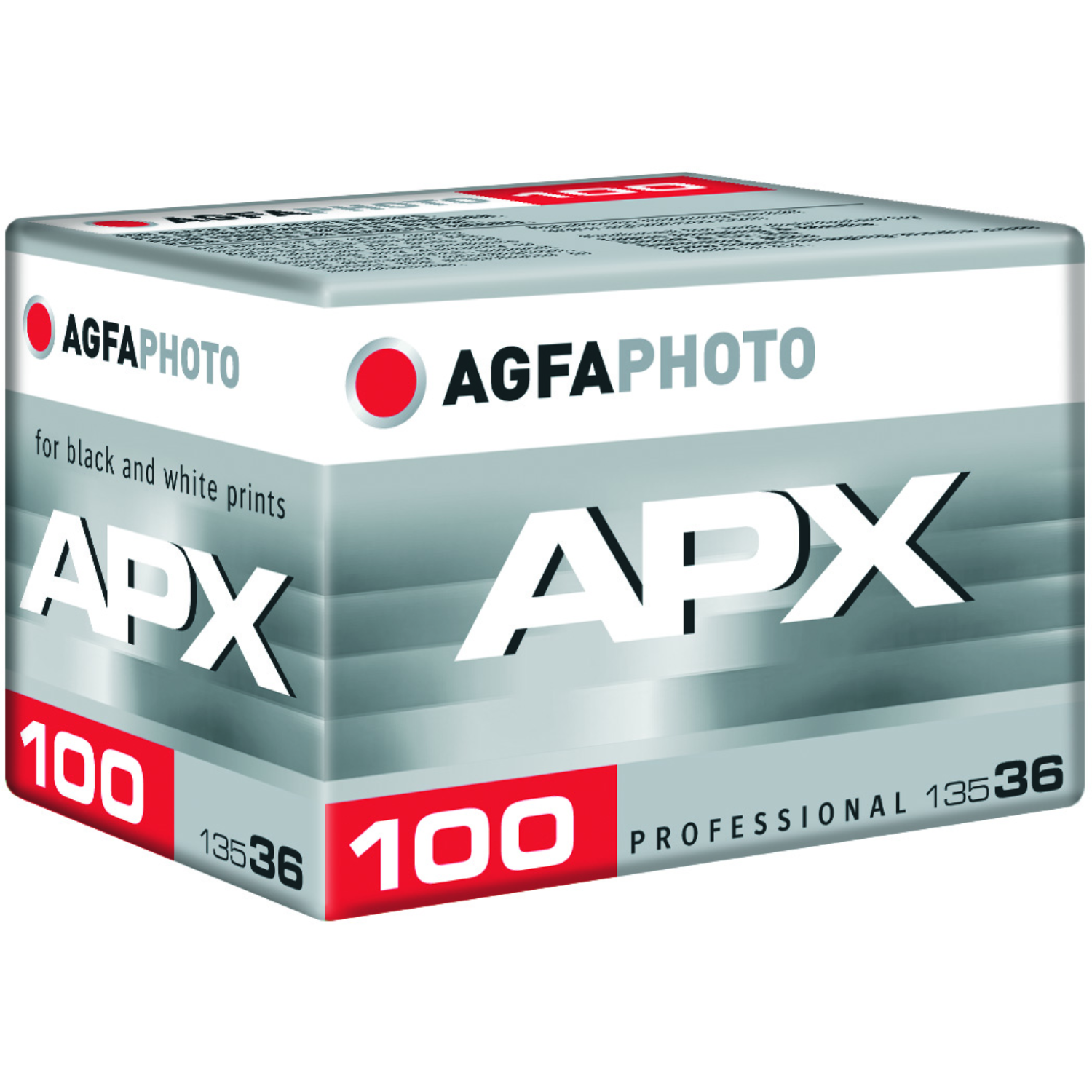Wyświetlane jest pudełko z filmem do czarno-białych odbitek. Pudełko ma markę AGFA Photo i APX 100.