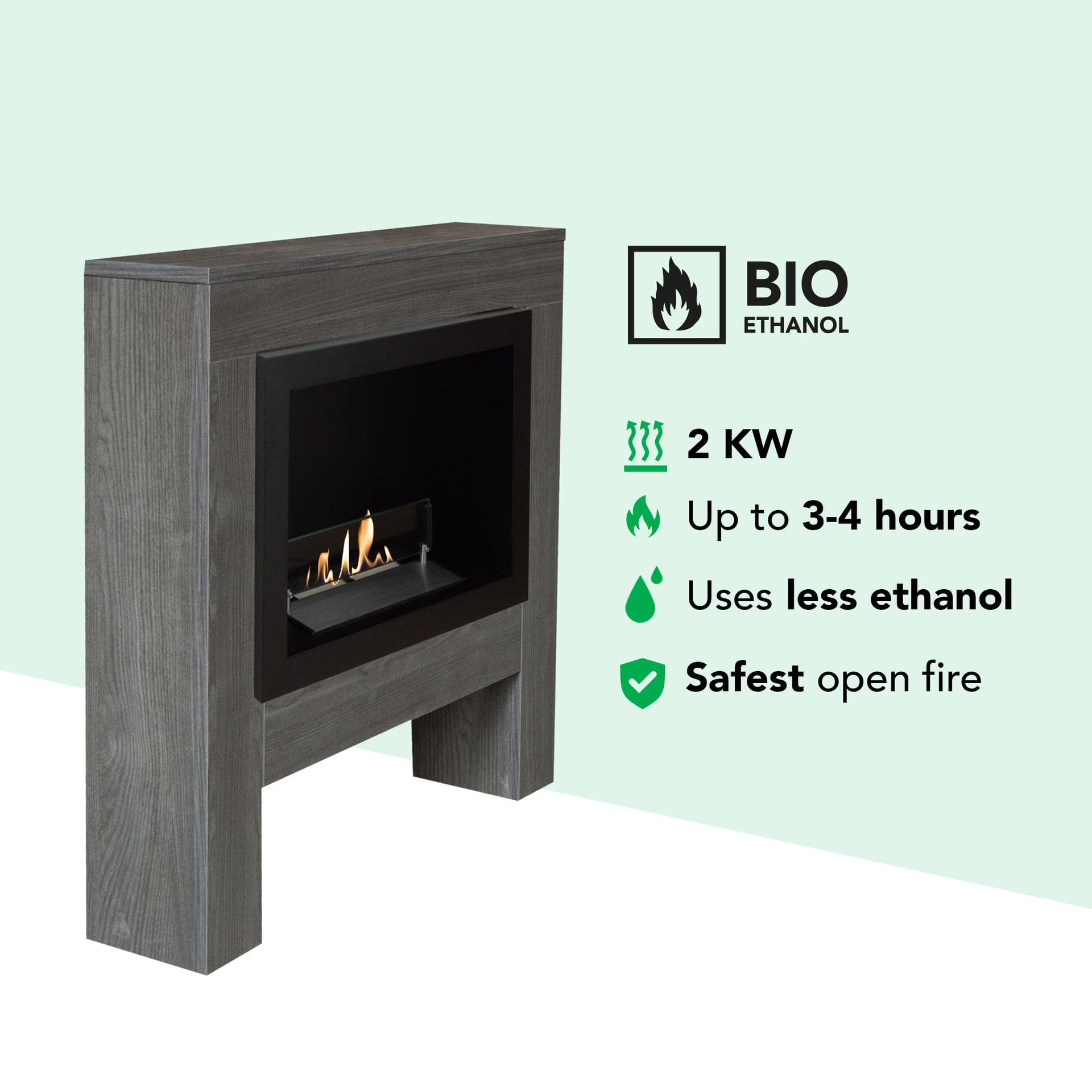 Een grijze bio-ethanol haard met zwarte binnenkant en vlammen. Tekst toont 2 KW en veilig vuur.