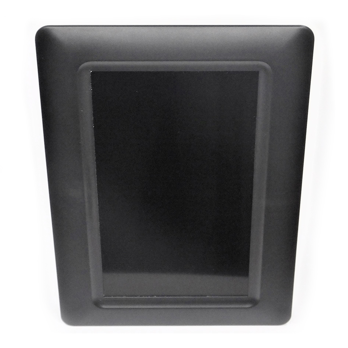 Widok z góry na czarną ramkę z czarnym prostokątnym ekranem pośrodku, na białym tle.