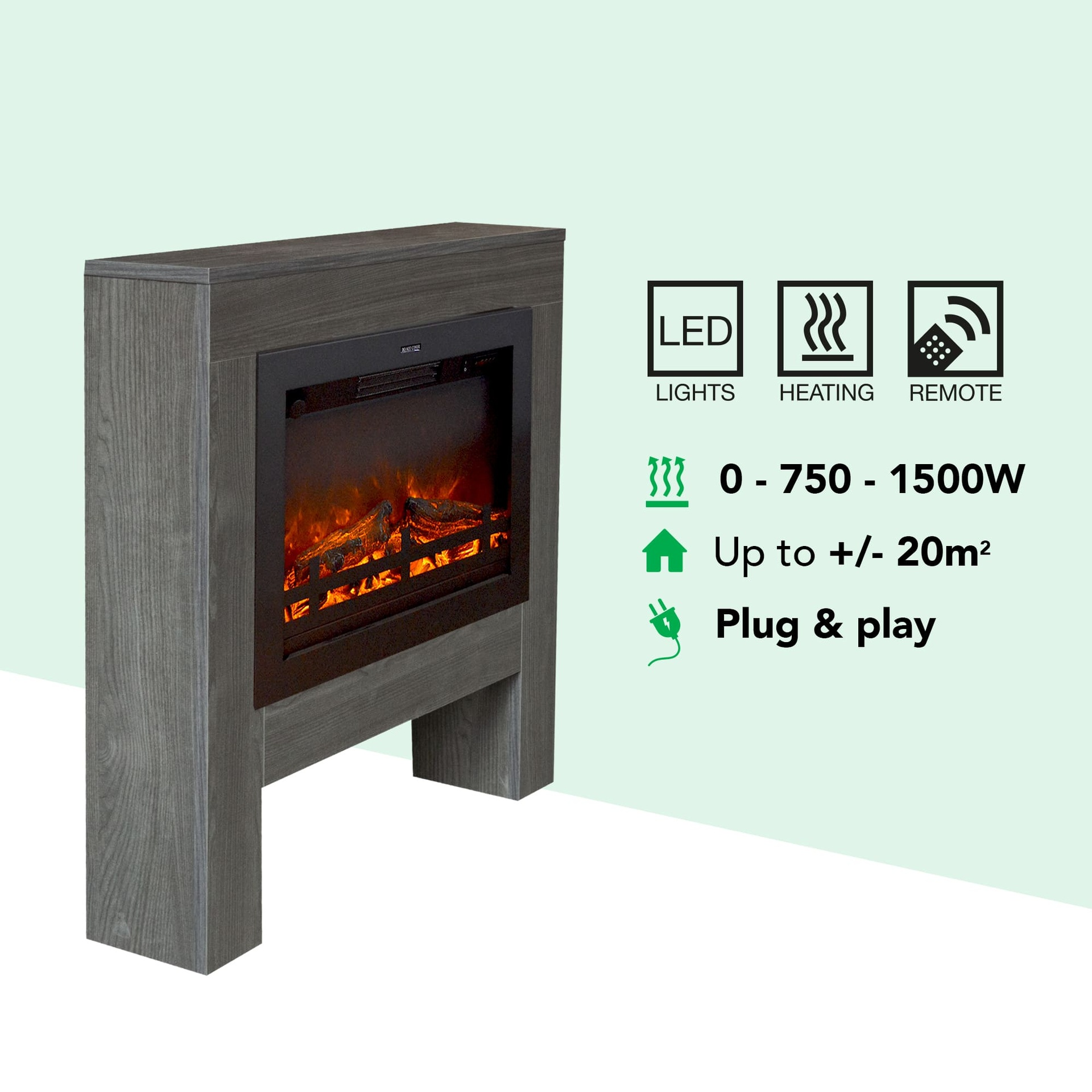 Een elektrische haard met een grijs houten frame, met LED-verlichting, verwarming en afstandsbediening. Het is plug and play.