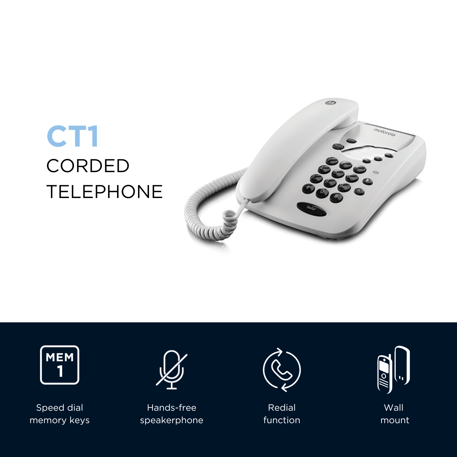 Un telefono Motorola bianco con filo con tasti numerici, cornetta e cavo a spirale. Funzioni: selezione rapida, vivavoce, ricomposizione e montaggio a parete.