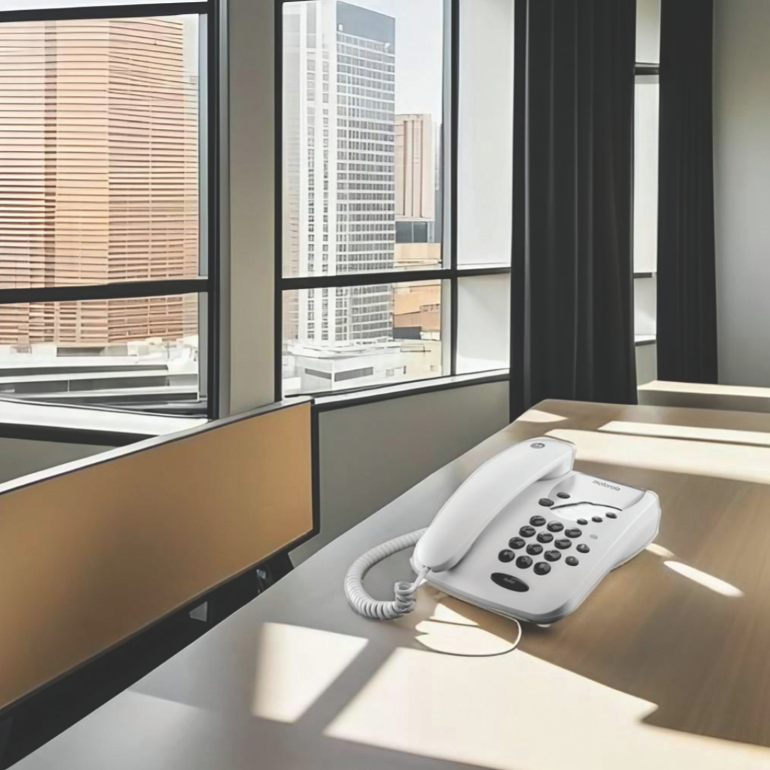 Un telefono Motorola bianco su una scrivania di legno. Finestre rivelano edifici urbani e tende nere.