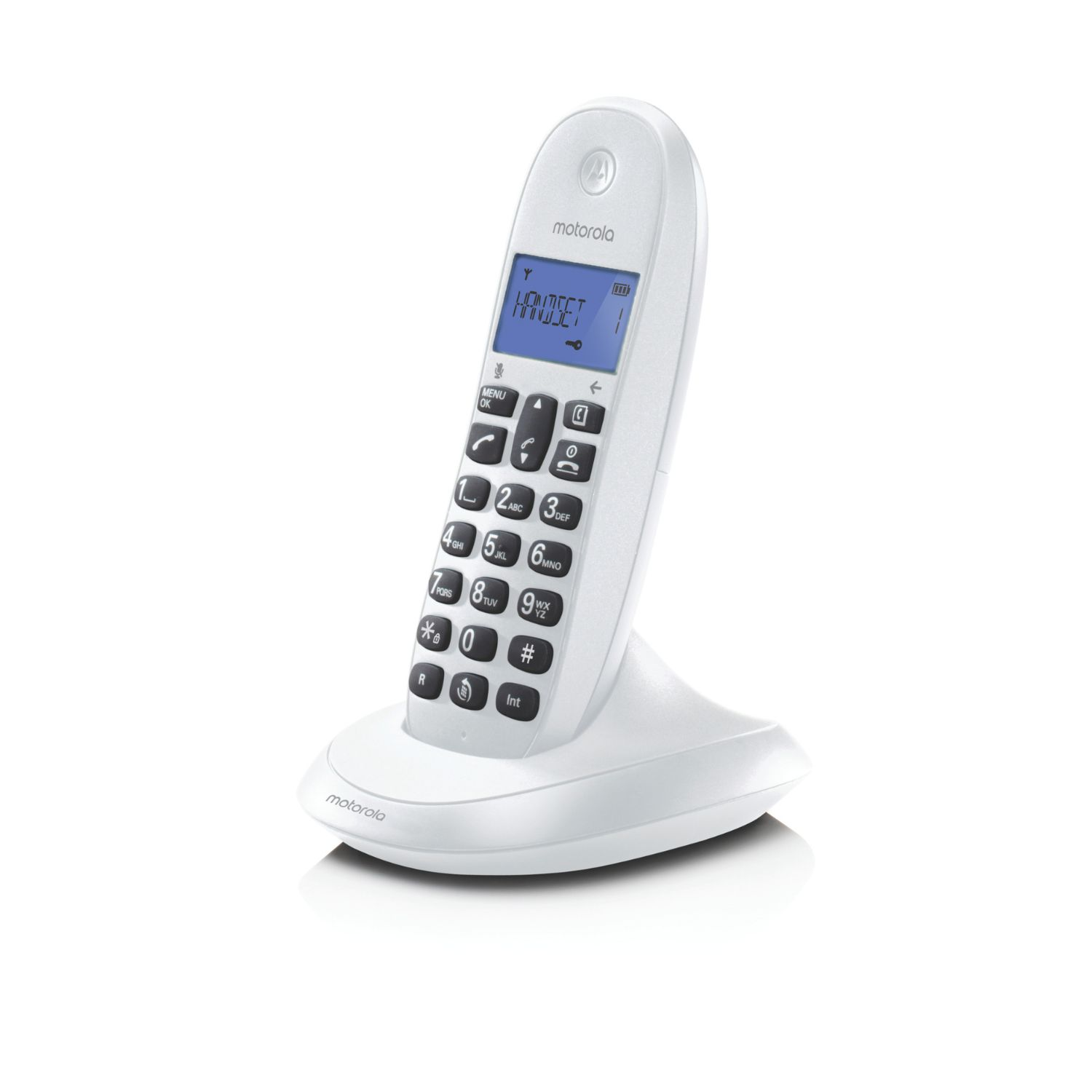 Un teléfono inalámbrico Motorola blanco con pantalla, botones numéricos y base. La pantalla muestra 'HANDSET'.