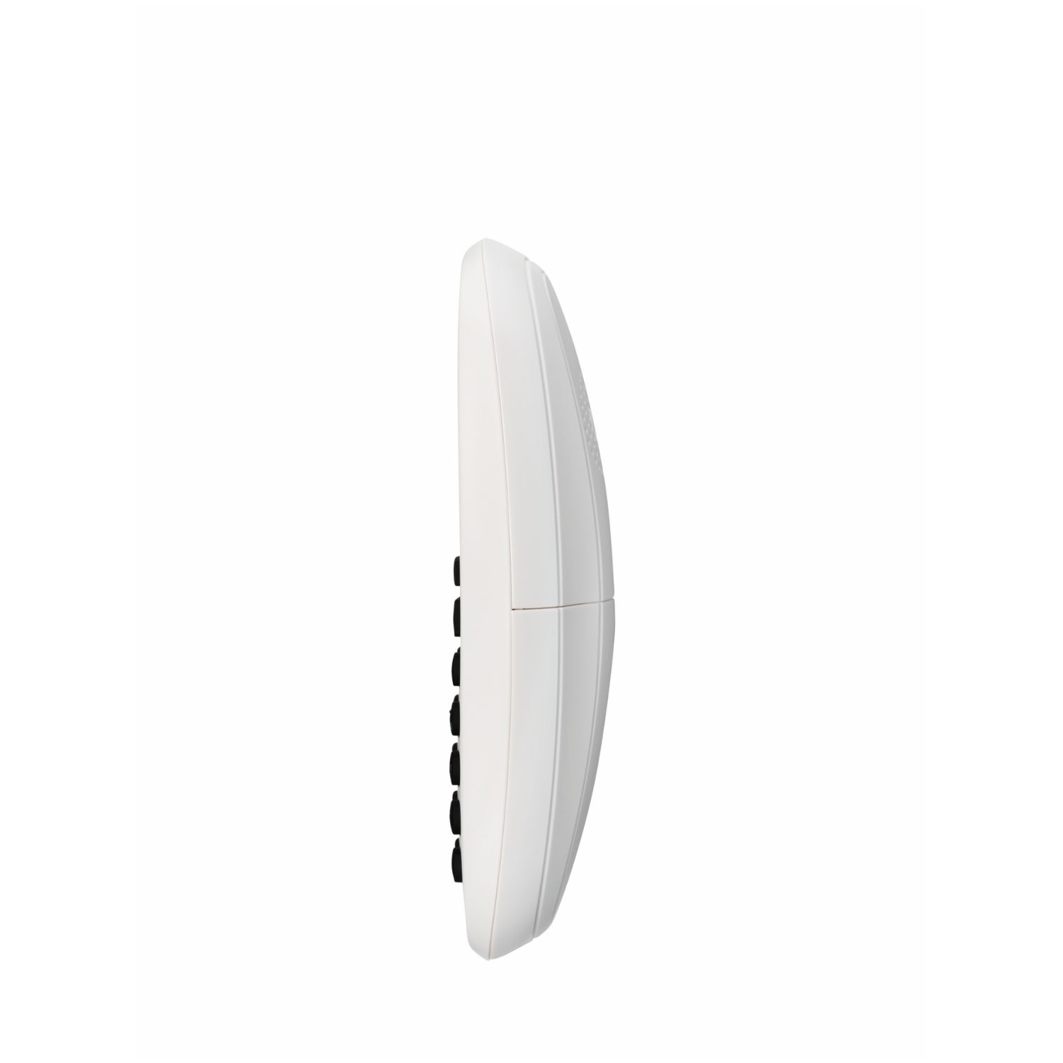 Un teléfono inalámbrico blanco, vista lateral, sobre un fondo blanco. Tiene botones negros y un diseño acanalado lateral.