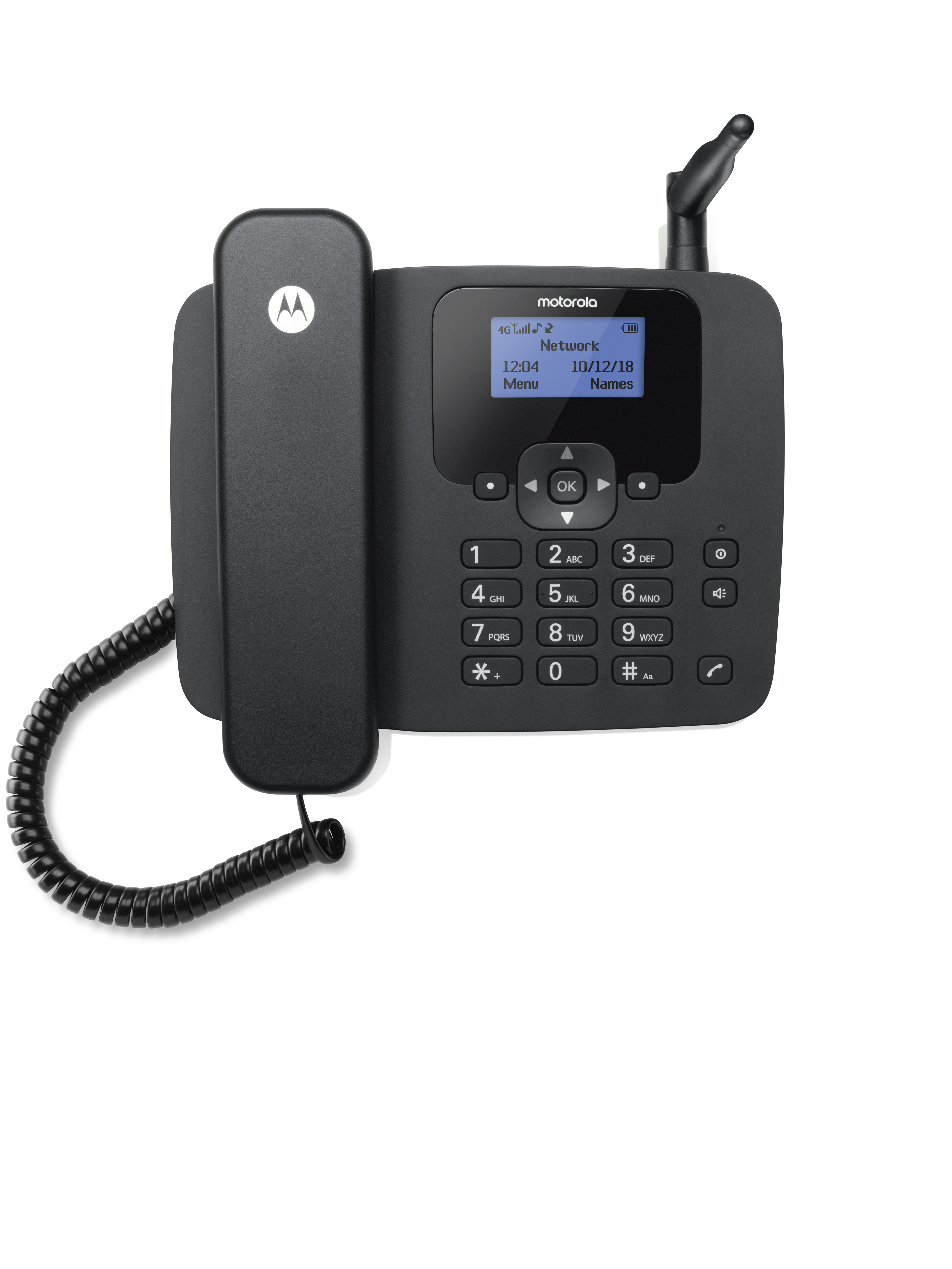Teléfono de escritorio Motorola negro con auricular, base y antena. La pantalla muestra información de red y hora.