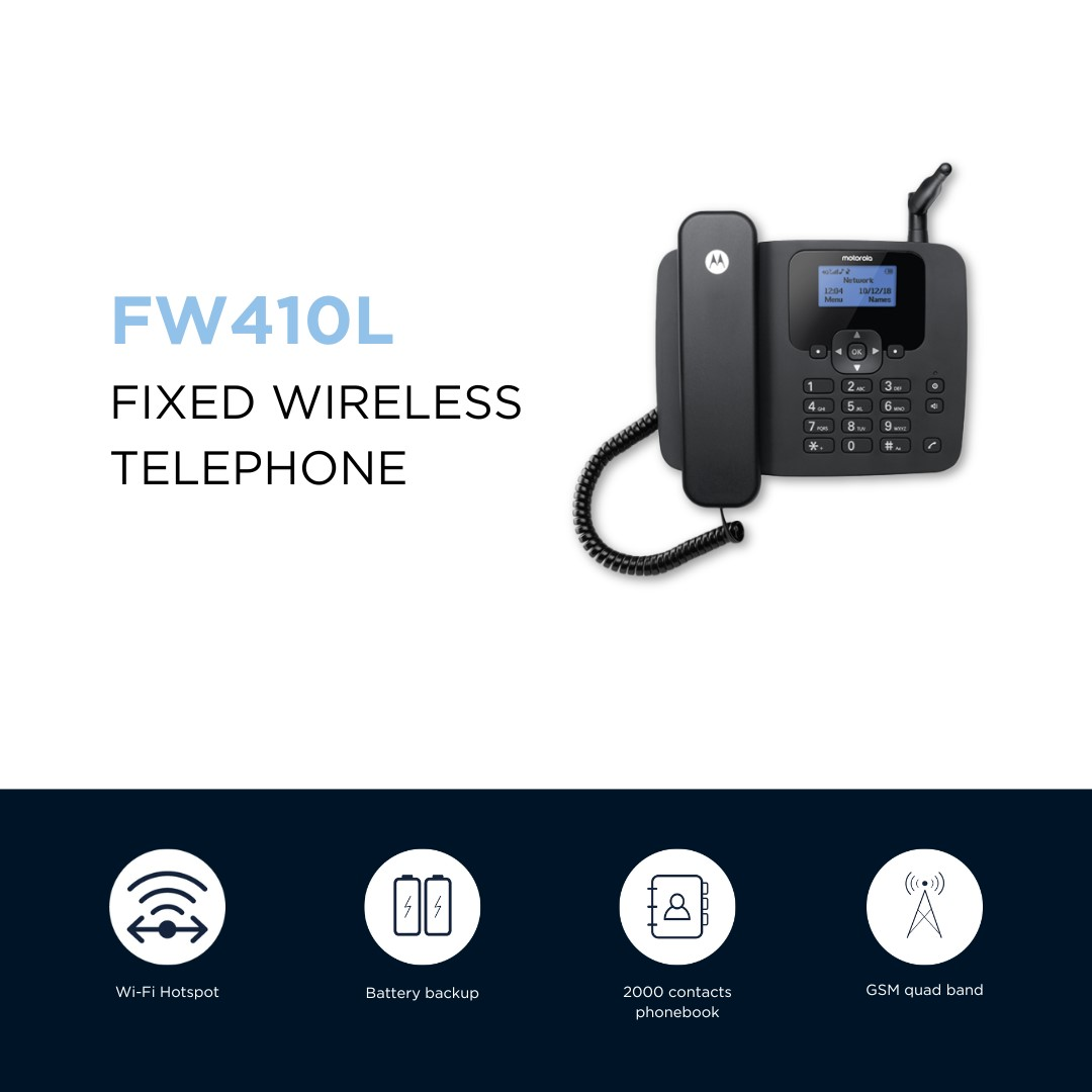 Un teléfono inalámbrico fijo Motorola negro. El teléfono tiene un auricular, una base con pantalla y botones. La imagen también muestra características.