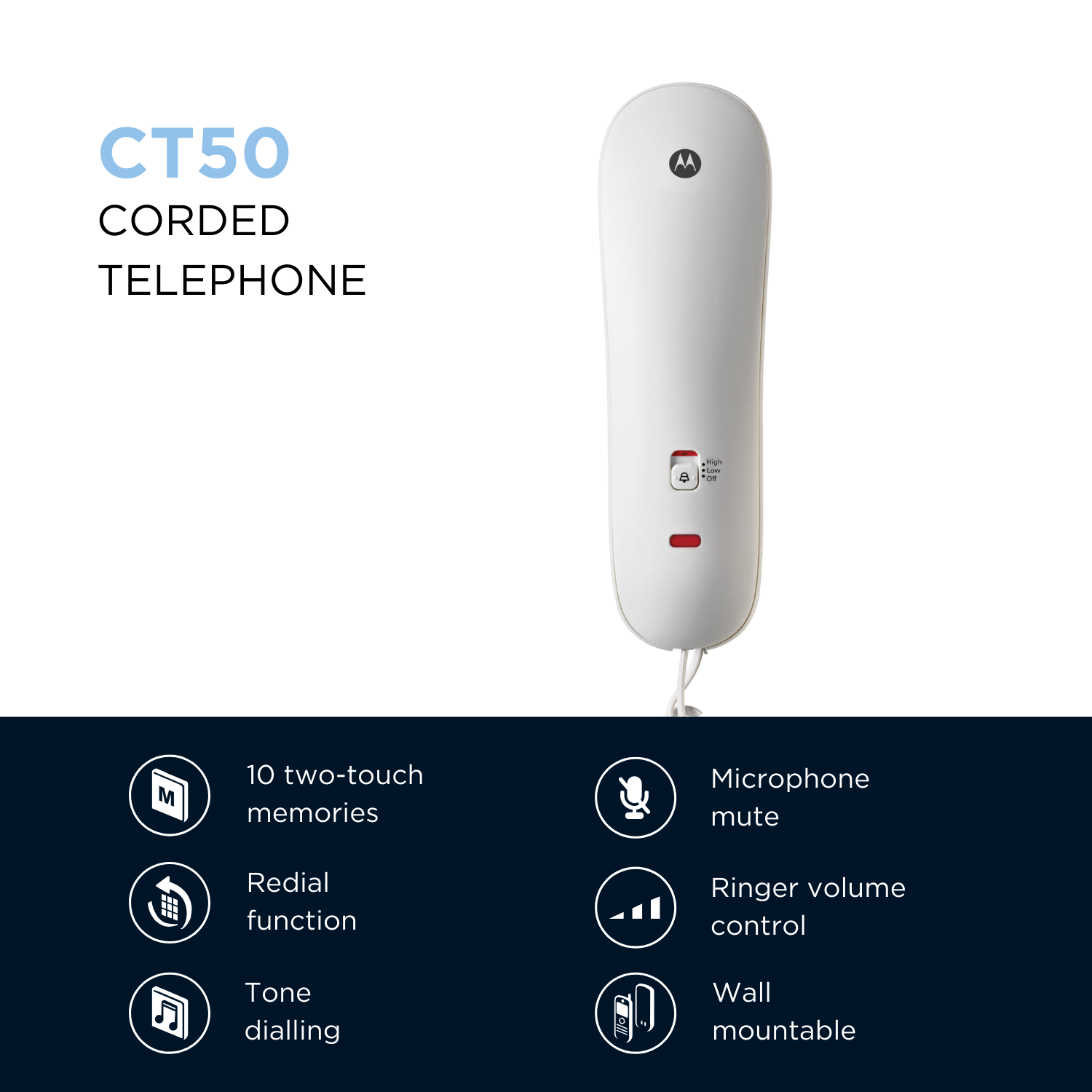 Witte telefoon met snoer met functies: 10 geheugens, herkiezen, toondraaien, dempen, volumeregeling, wandmontage.