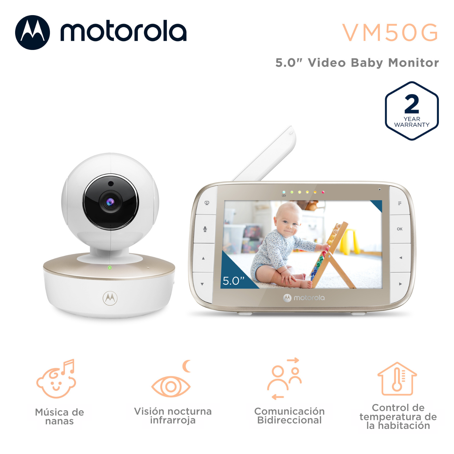 Monitor para bebés Motorola, mostrando un bebé en la pantalla, con funciones como nanas, visión nocturna, comunicación bidireccional y control de temperatura.
