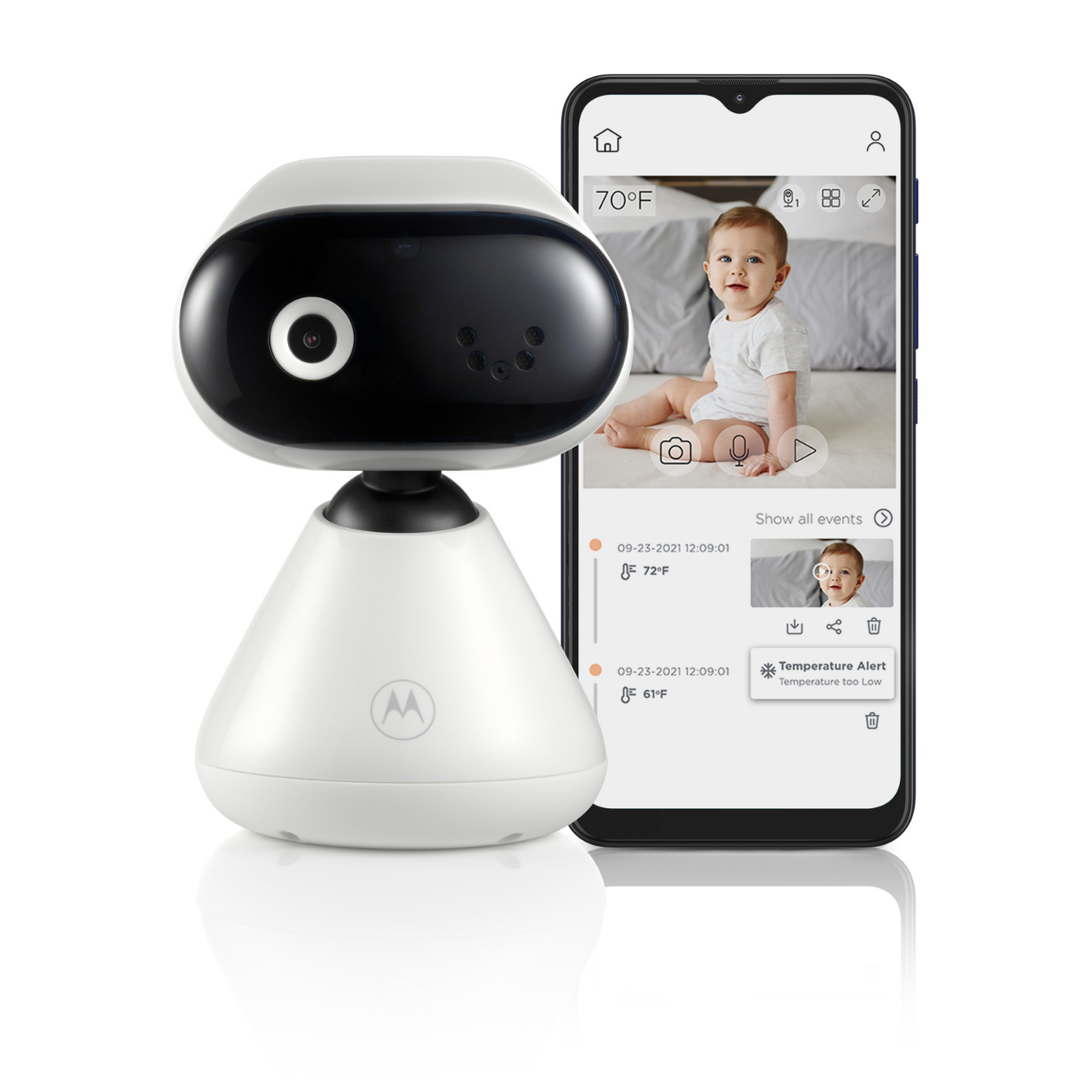 Ein Babyphone mit Kamera und Smartphone, das ein Baby auf einem Bett zeigt. Der Monitor ist weiß und schwarz, das Telefon zeigt Live-Feed.