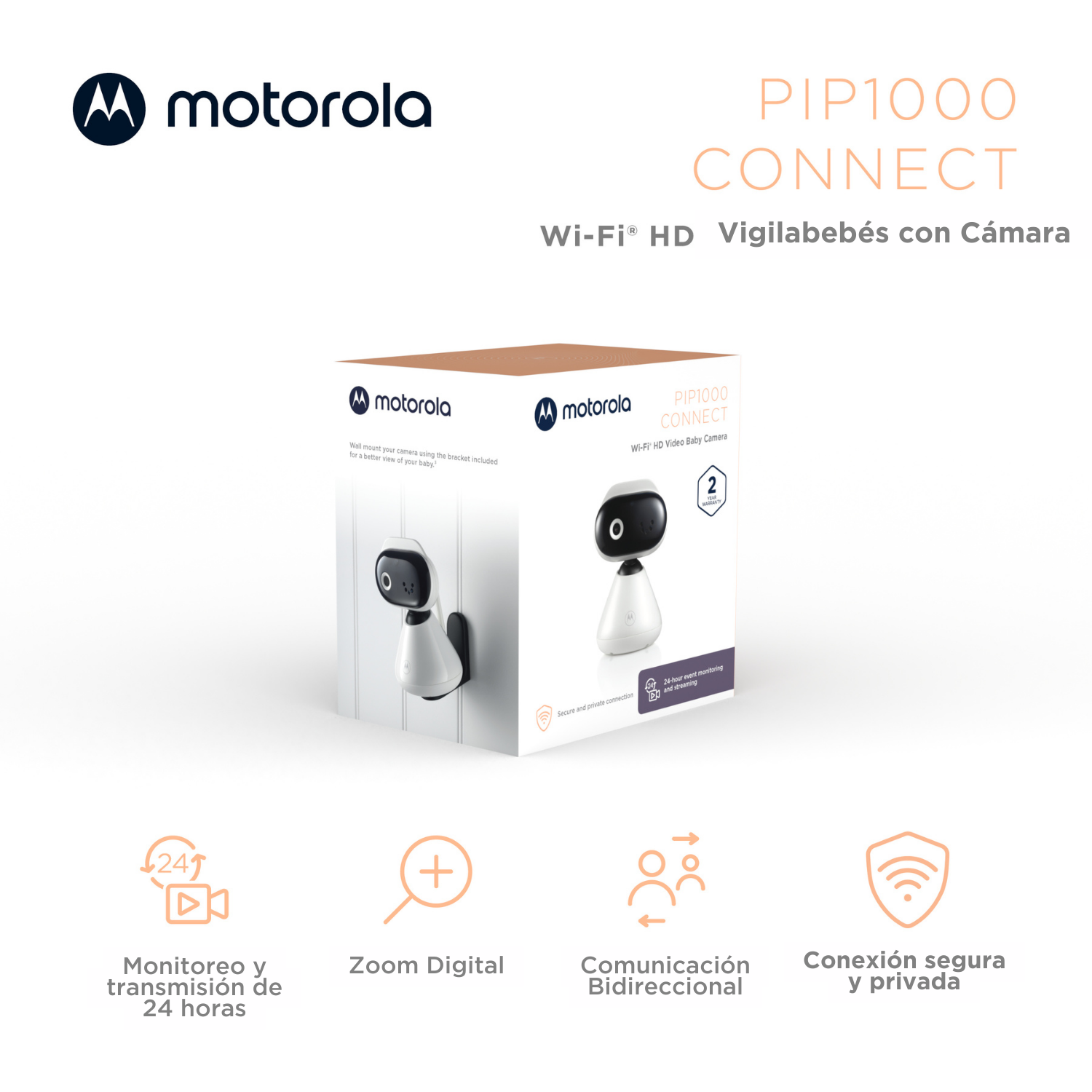 Motorola PIP1000 Connect Babyphone. Weiße und schwarze Kamera. Funktionen: 24-Stunden-Überwachung, digitaler Zoom, bidirektionale Kommunikation, sichere Verbindung.