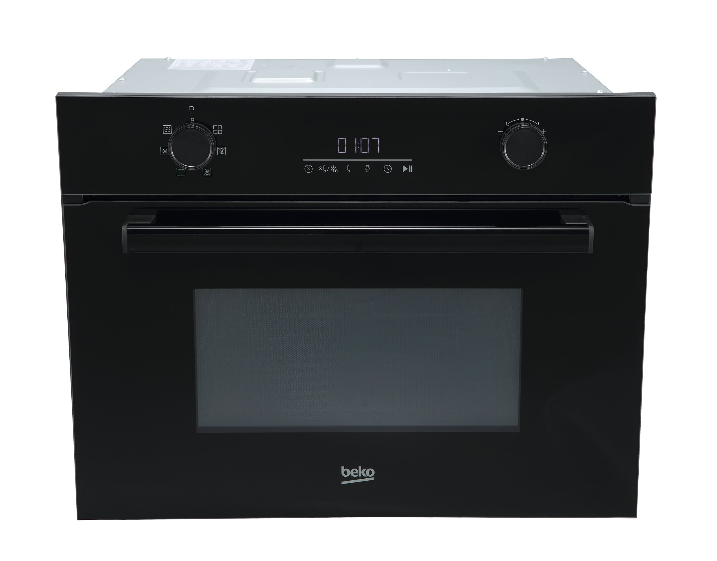 A black Beko microwave oven. It has a digital display and control knobs. The door is black with a glass panel.