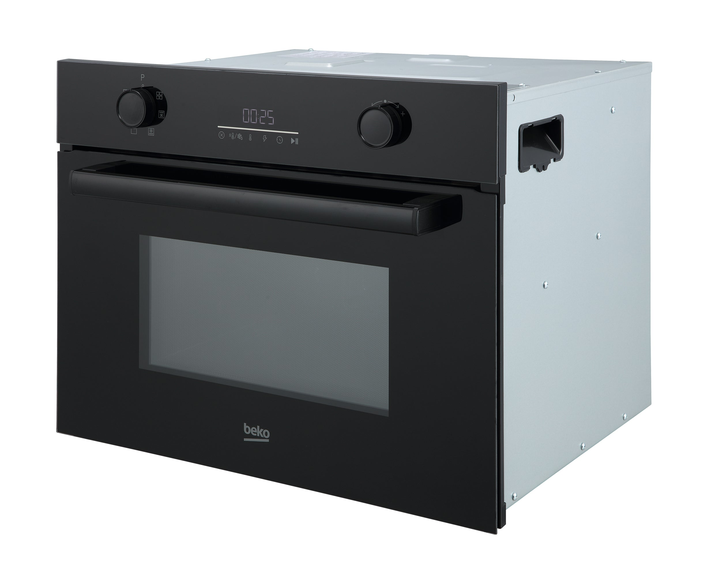 A black and silver Beko microwave oven. It has a digital display and two control knobs on the top panel.